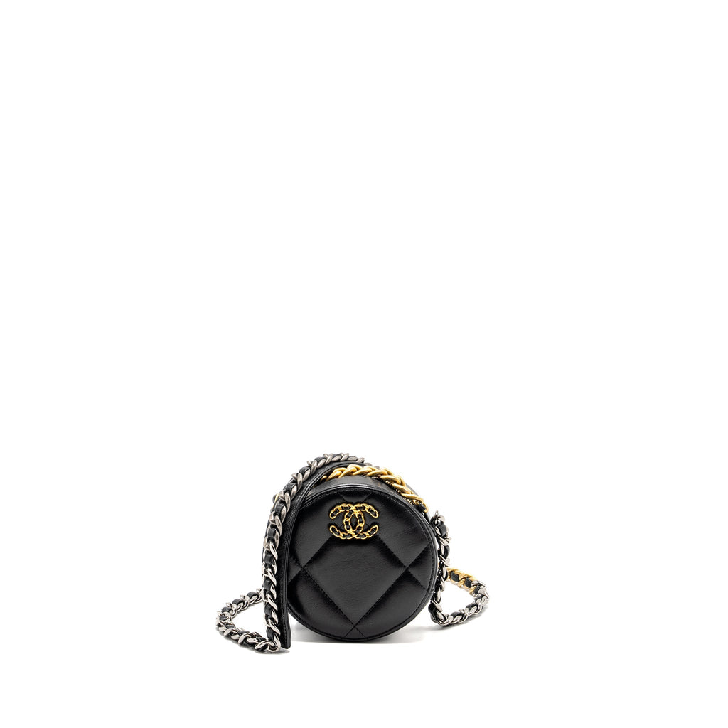 CHANEL 19 ROUND CLUTCH WITH CHAIN LAMBSKIN BLACK WITH MULTICOLOR HARDWARE