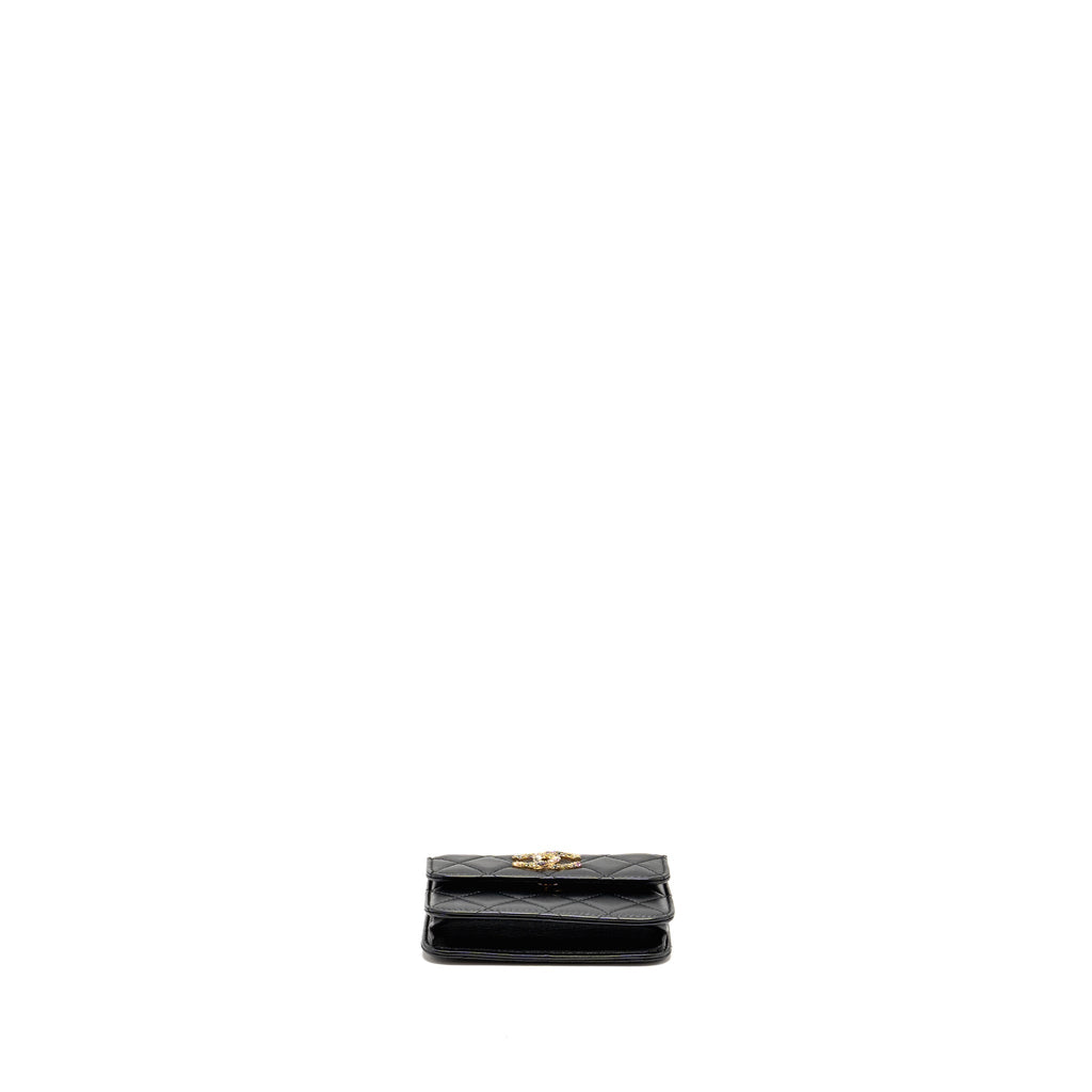 CHANEL ZIRCONIUM FLAP CLUTCH/CARD HOLDER WITH CHAIN LAMBSKIN BLACK GHW