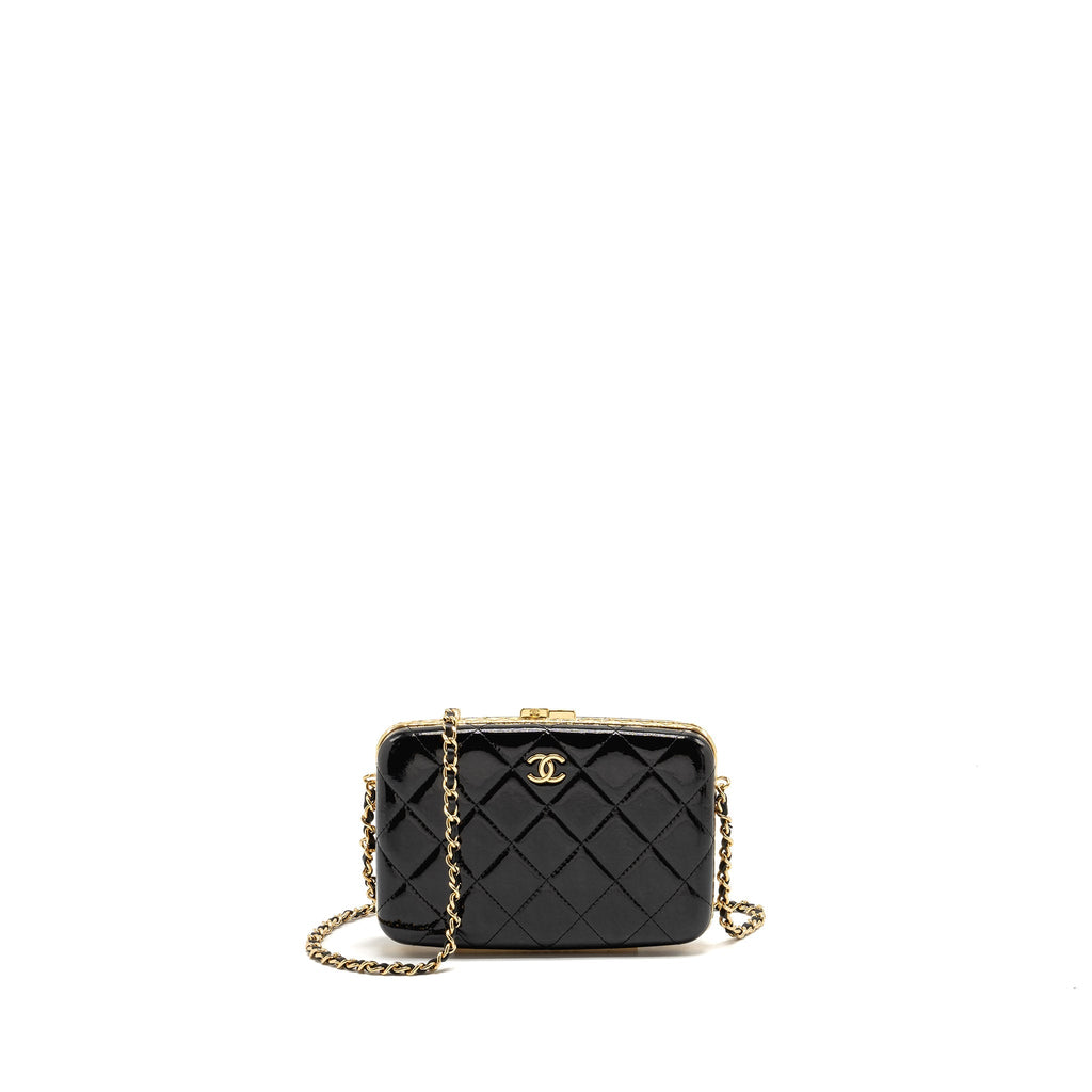 CHANEL 21A CC BOX WITH CHAIN PATENT BLACK GHW