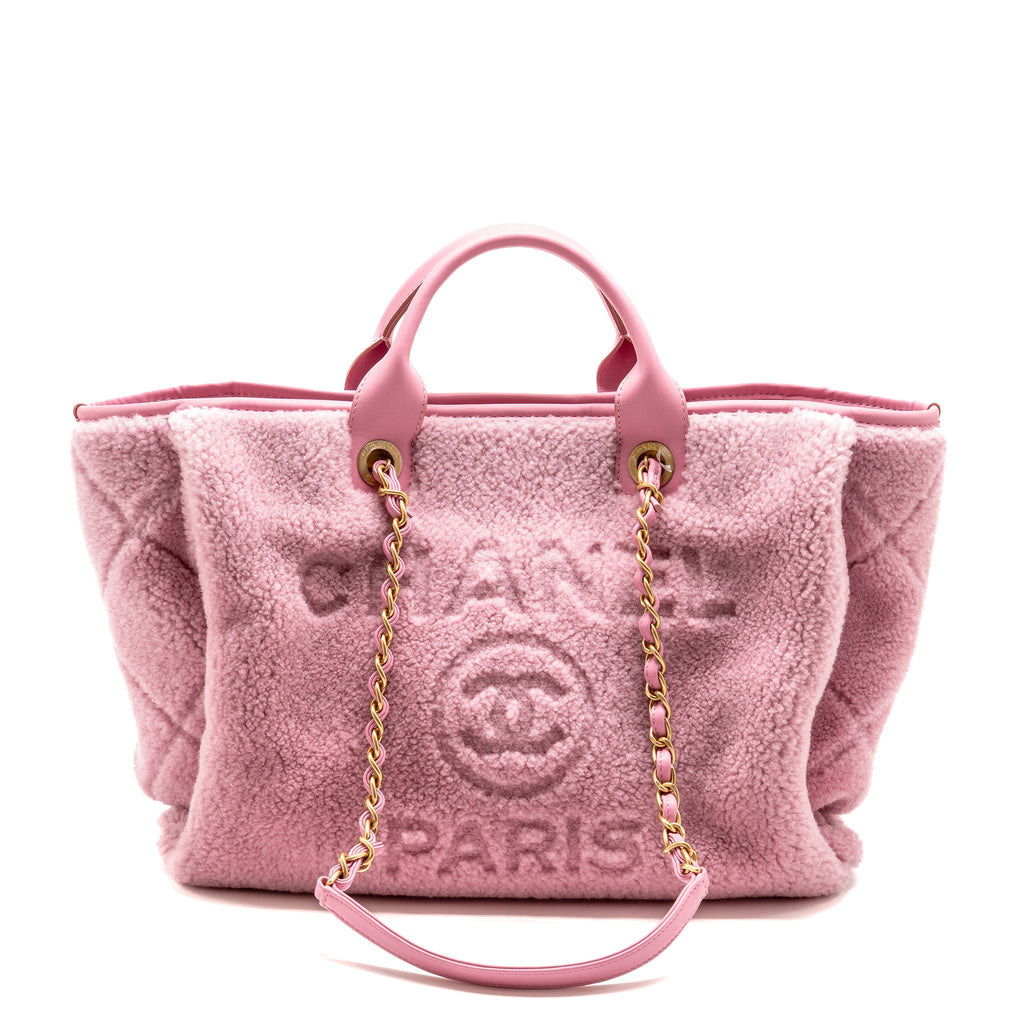 CHANEL 22A DEAUVILLE TOTE SHEARLING LAMBSKIN PINK GHW (MICROCHIP)