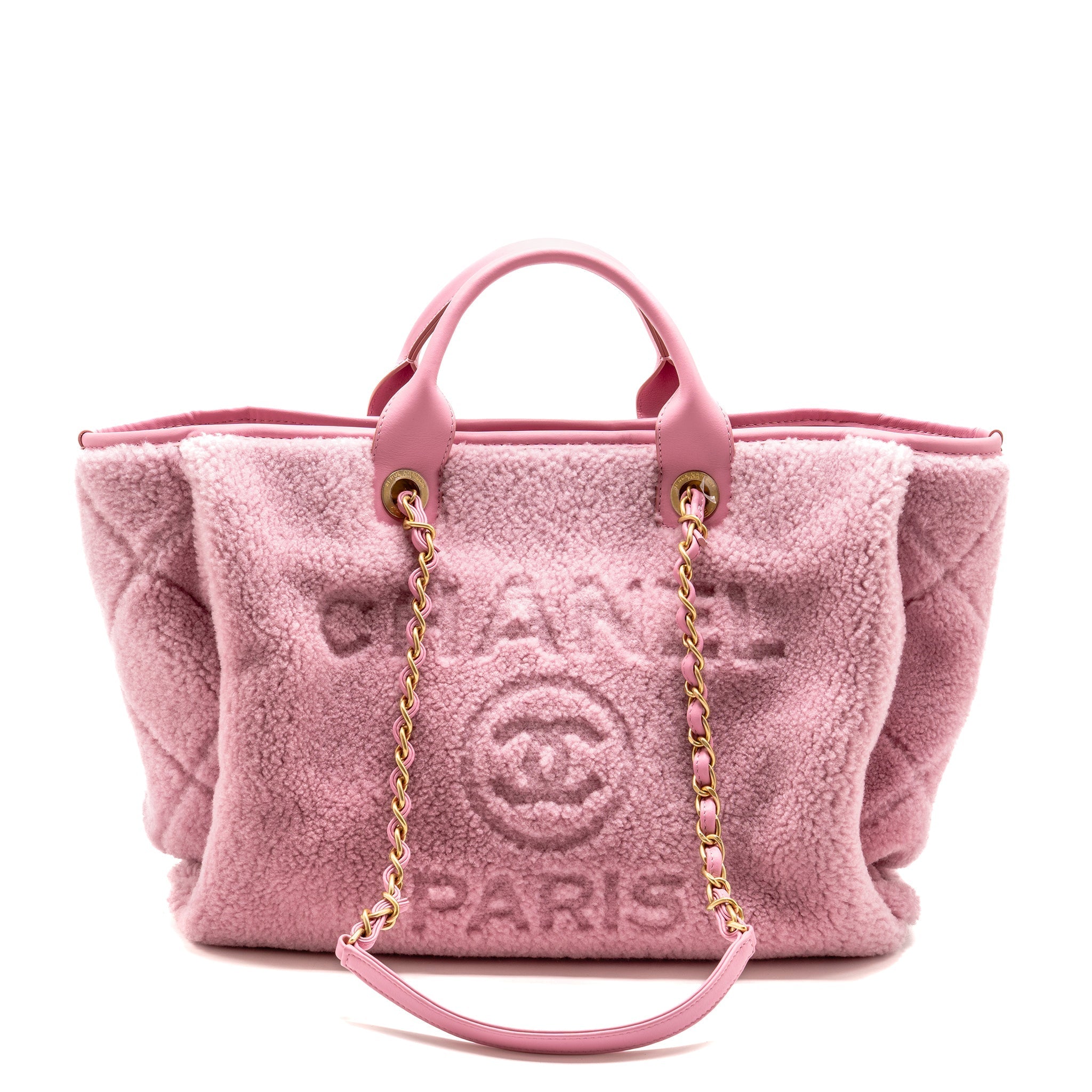 CHANEL 22A DEAUVILLE TOTE SHEARLING LAMBSKIN PINK GHW (MICROCHIP)