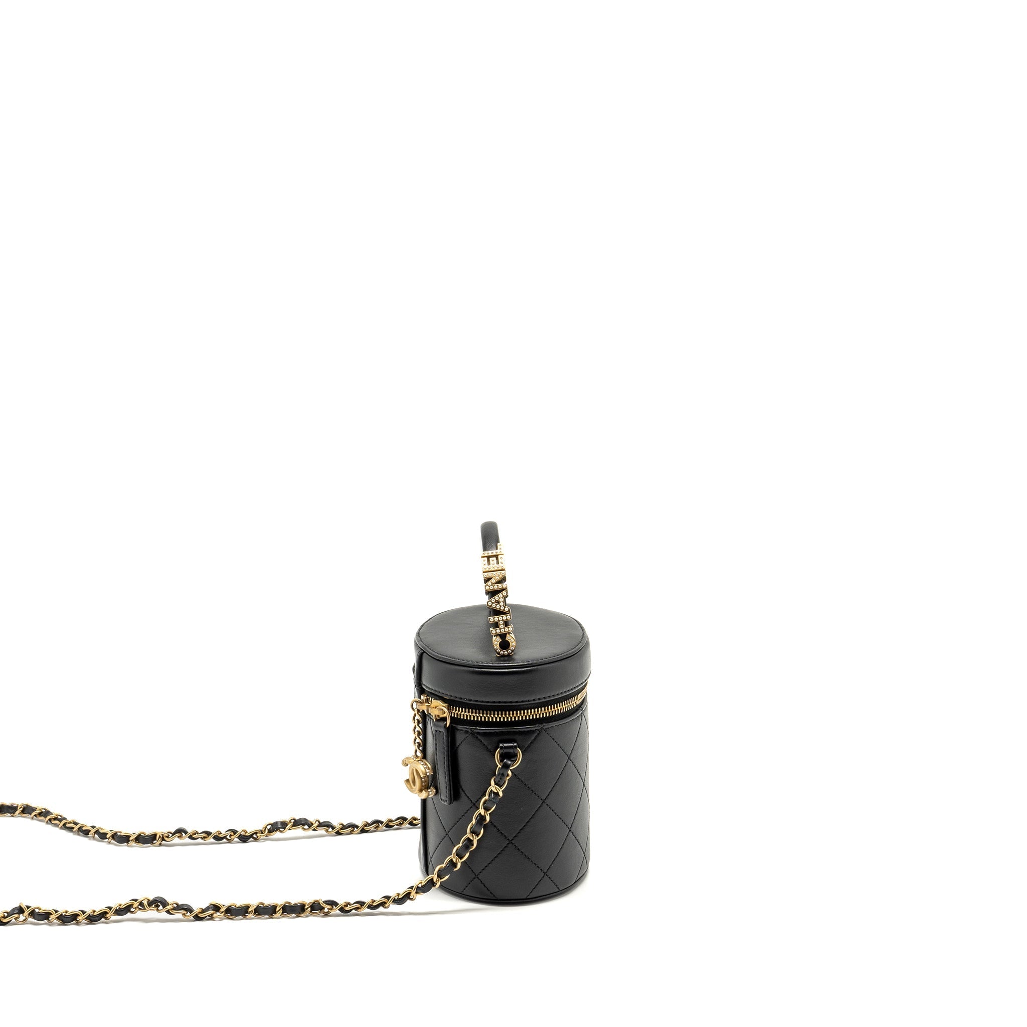 CHANEL PEARL LETTER LOGO DETAILED VANITY CASE CALFSKIN BLACK GHW