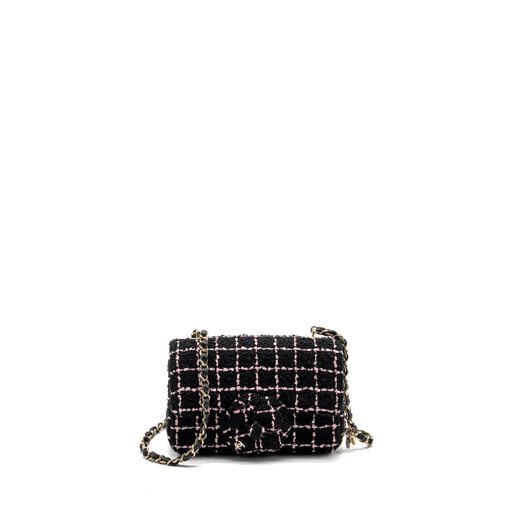 CHANEL 23K FLOWER BOMB MINI RECTANGULAR FLAP BAG TWEED BLACK/PINK LGHW (MICROCHIP)