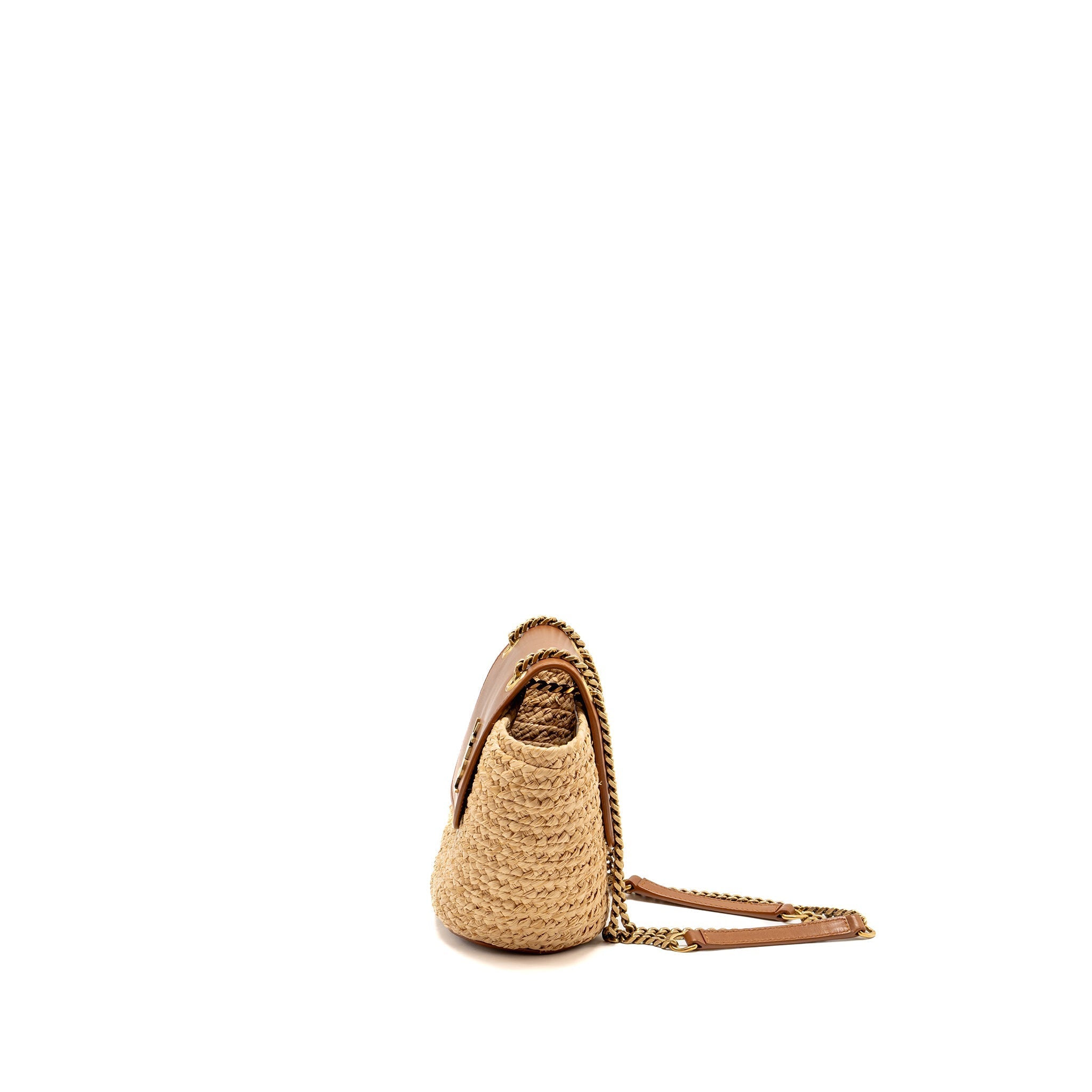 SAINT LAURENT MINI BASKET BAG RAFFIA/CALFSKIN LEATHER BROWN GHW
