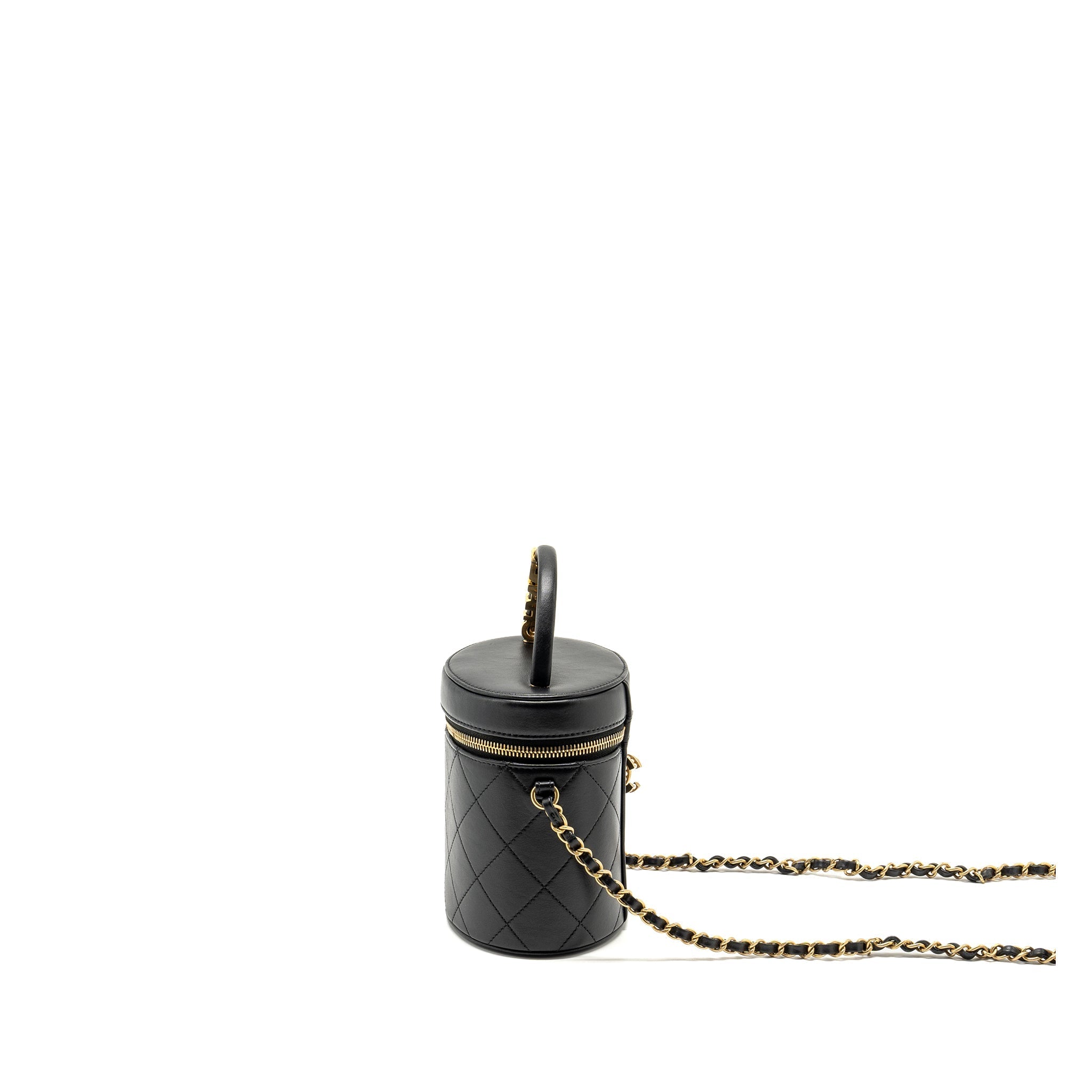 CHANEL PEARL LETTER LOGO DETAILED VANITY CASE CALFSKIN BLACK GHW