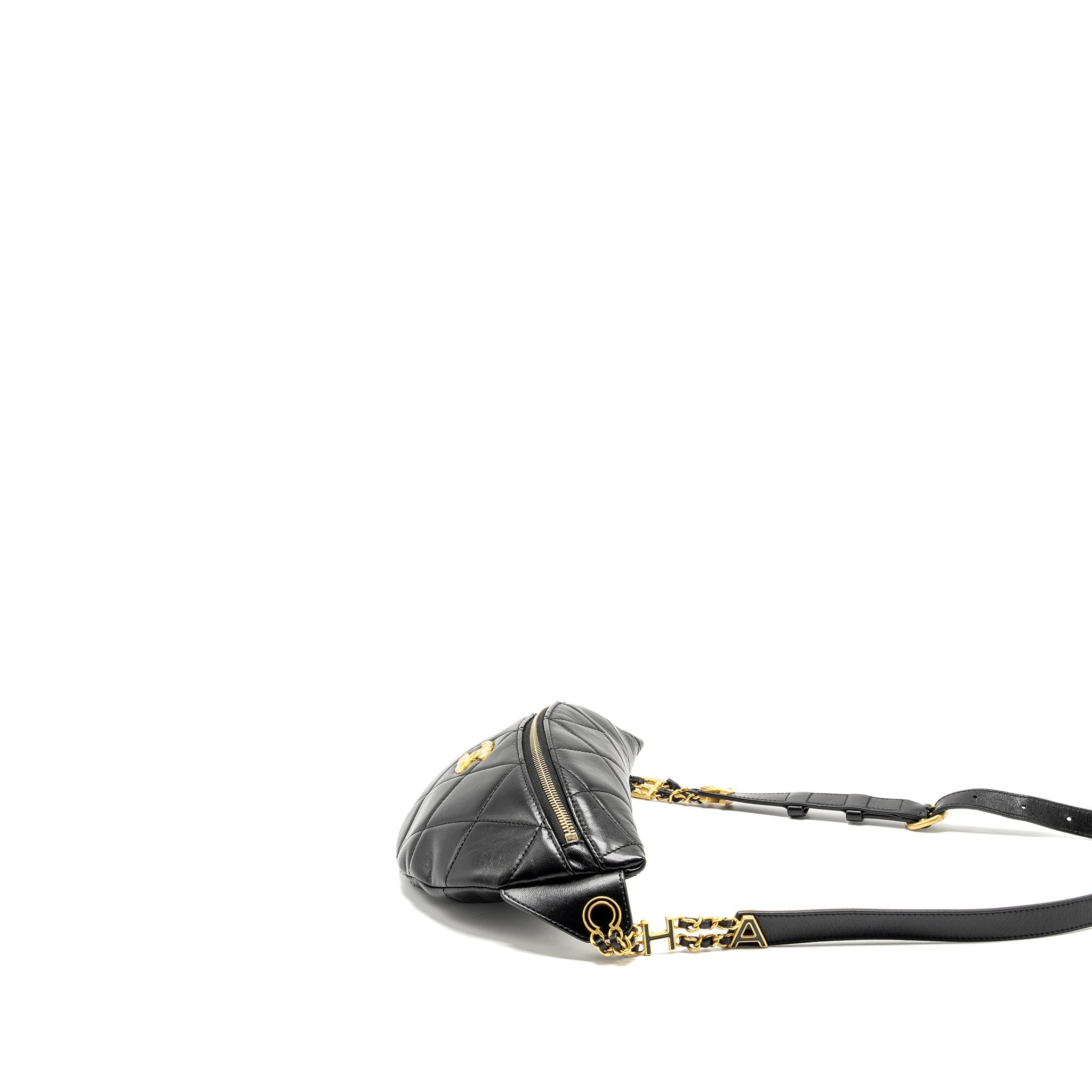 CHANEL LETTER LOGO DETAILED WAIST BAG LAMBSKIN BLACK GHW (MICROCHIP)
