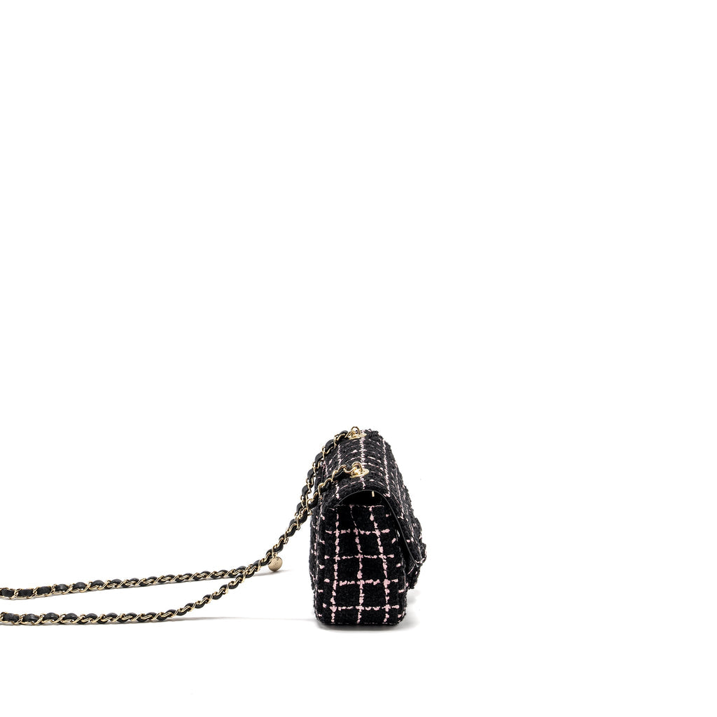 CHANEL 23K FLOWER BOMB MINI RECTANGULAR FLAP BAG TWEED BLACK/PINK LGHW (MICROCHIP)