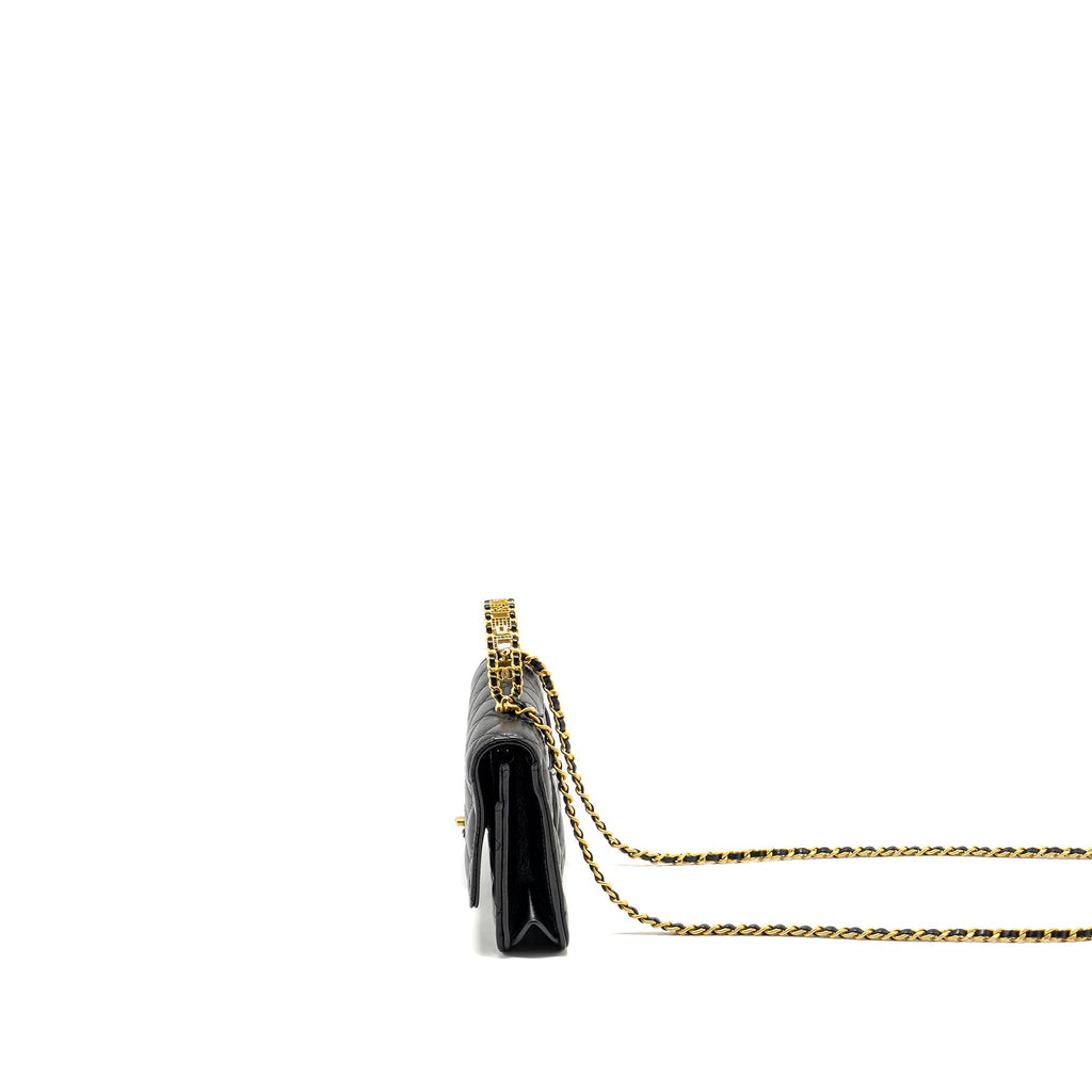 CHANEL LETTER LOGO TOP HANDLE WALLET ON CHAIN LAMBSKIN BLACK GHW (MICROCHIP)