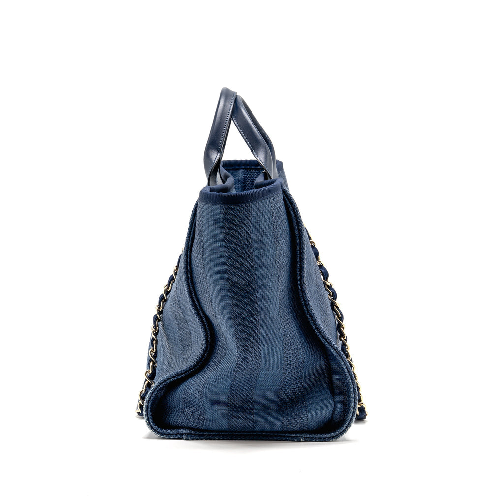 CHANEL LARGE DEAUVILLE TOTE BAG CANVAS/CALFSKIN NAVY BLUE LGHW