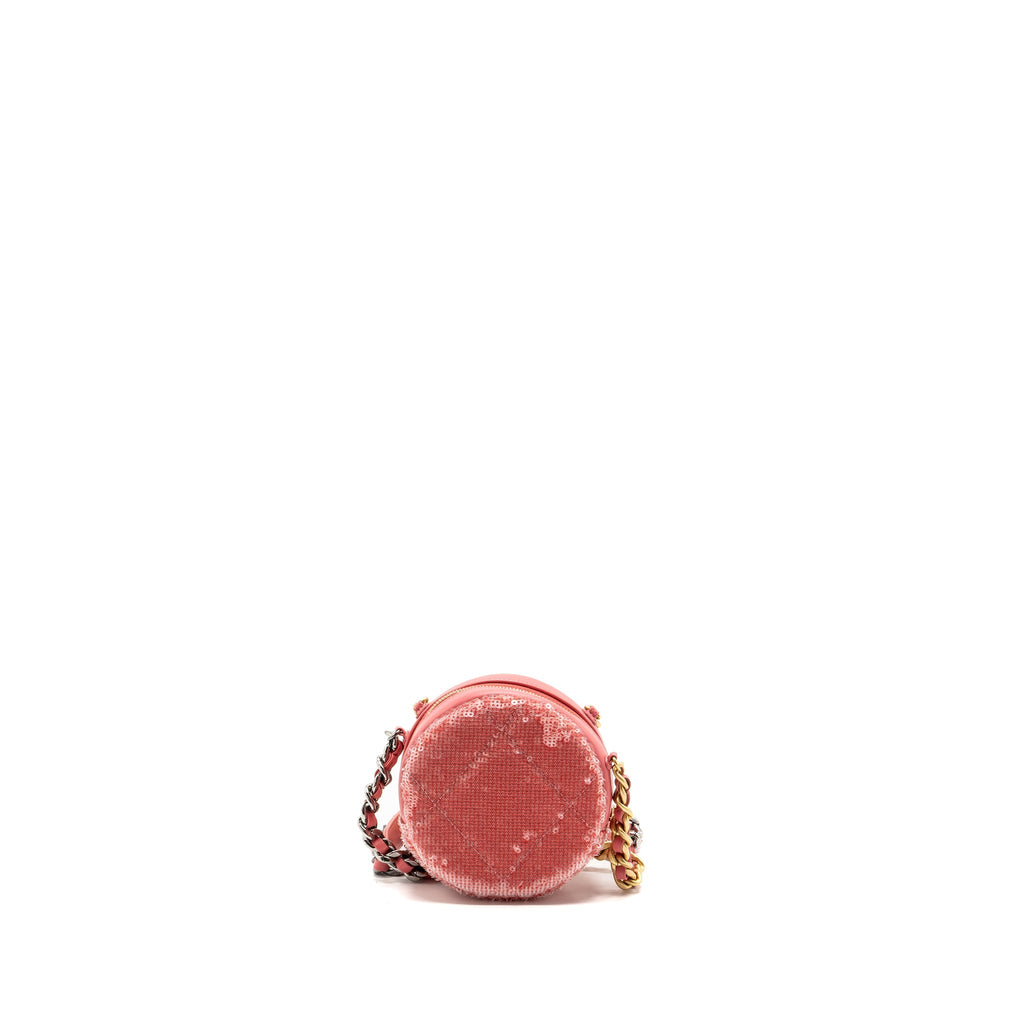 CHANEL 19 ROUND PURSE WITH CHAIN SEQUINS PINK MULTICOLOUR HARDWARE