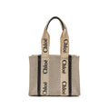 CHLOE MEDIUM WOODY TOTE BAG CANVAS/CALFSKIN WHITE/BLUE