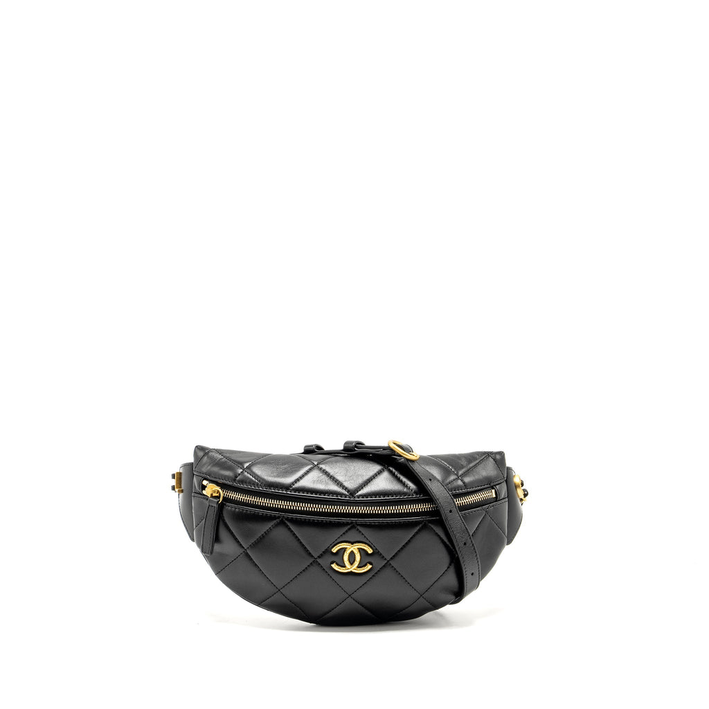 CHANEL LETTER LOGO DETAILED WAIST BAG LAMBSKIN BLACK GHW (MICROCHIP)
