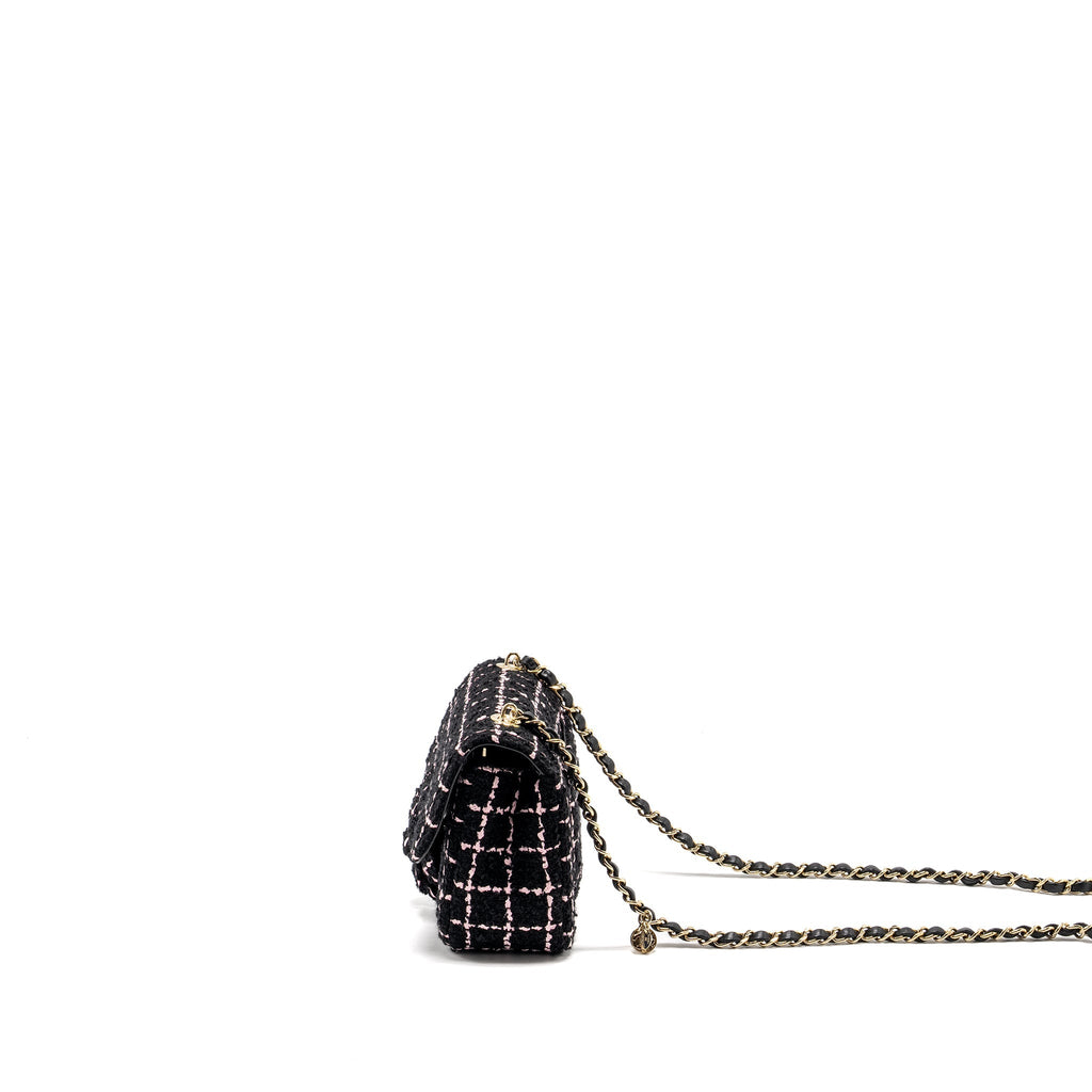 CHANEL 23K FLOWER BOMB MINI RECTANGULAR FLAP BAG TWEED BLACK/PINK LGHW (MICROCHIP)