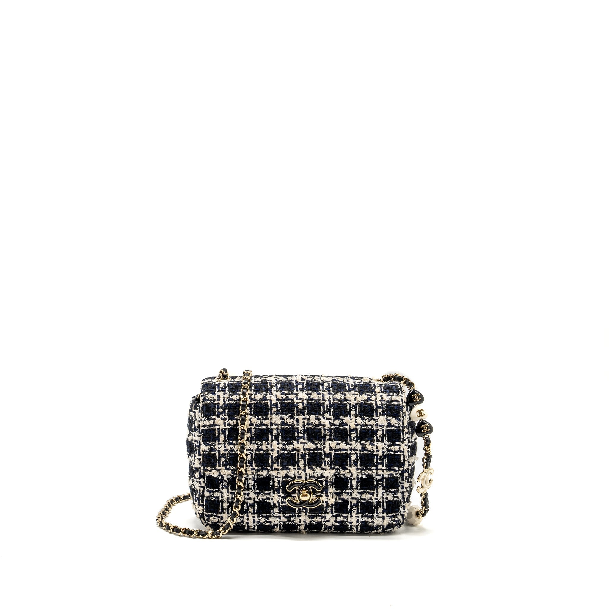 CHANEL MINI FLAP BAG WITH DETAILED CHAIN TWEED BLACK/WHITE LGHW (MICROCHIP)