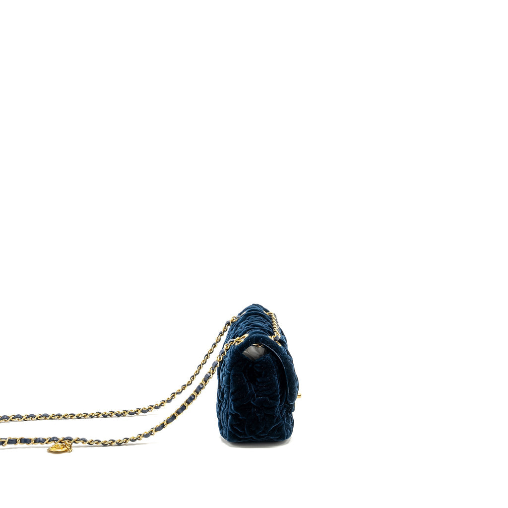 CHANEL CAMELLIA EMBOSSED MINI SQUARE FLAP BAG VELVET NAVY GHW (MICROCHIP)