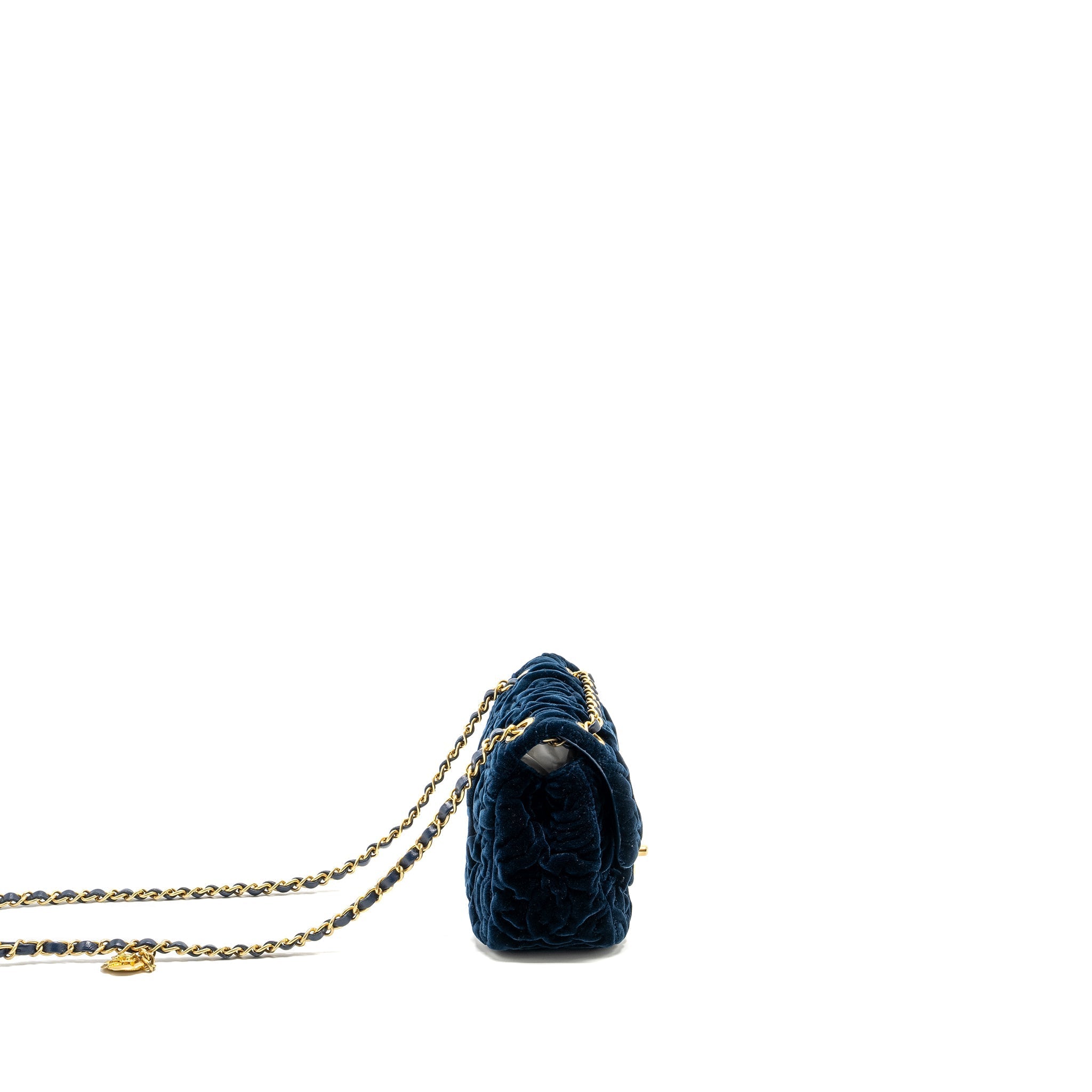 CHANEL CAMELLIA EMBOSSED MINI SQUARE FLAP BAG VELVET NAVY GHW (MICROCHIP)