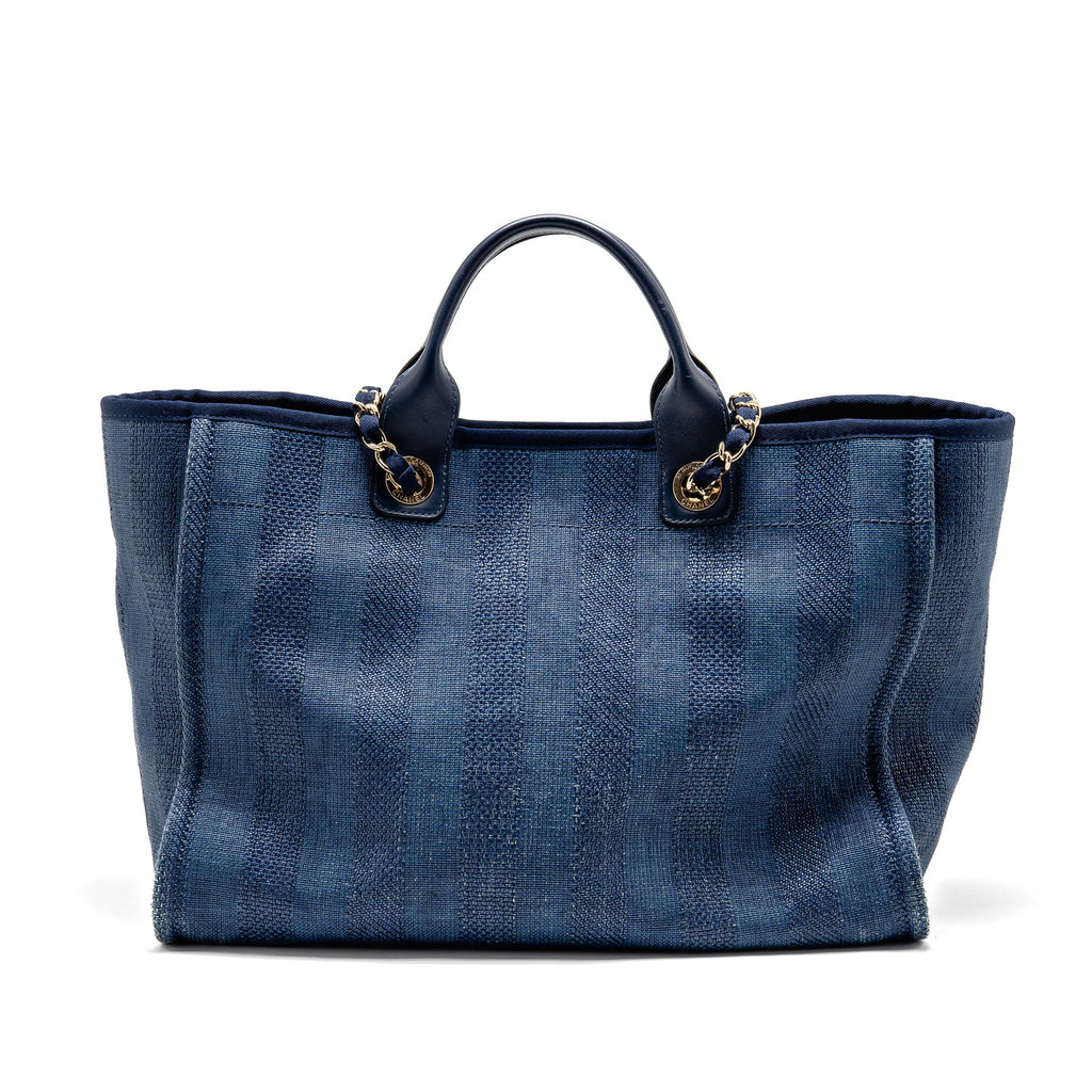 CHANEL LARGE DEAUVILLE TOTE BAG CANVAS/CALFSKIN NAVY BLUE LGHW