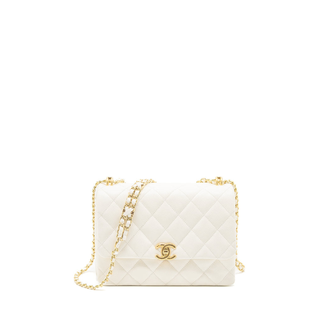 CHANEL 21K COCO FIRST CAVIAR WHITE BRUSHED GHW (MICROCHIP)