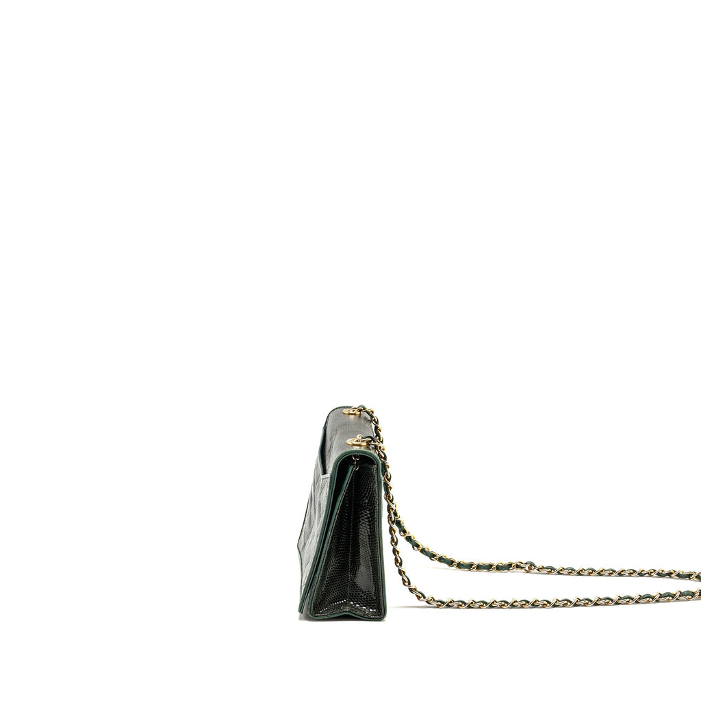 CHANEL VINTAGE ENVELOP FLAP BAG WITH CHAIN LIZARD DARK GREEN GHW