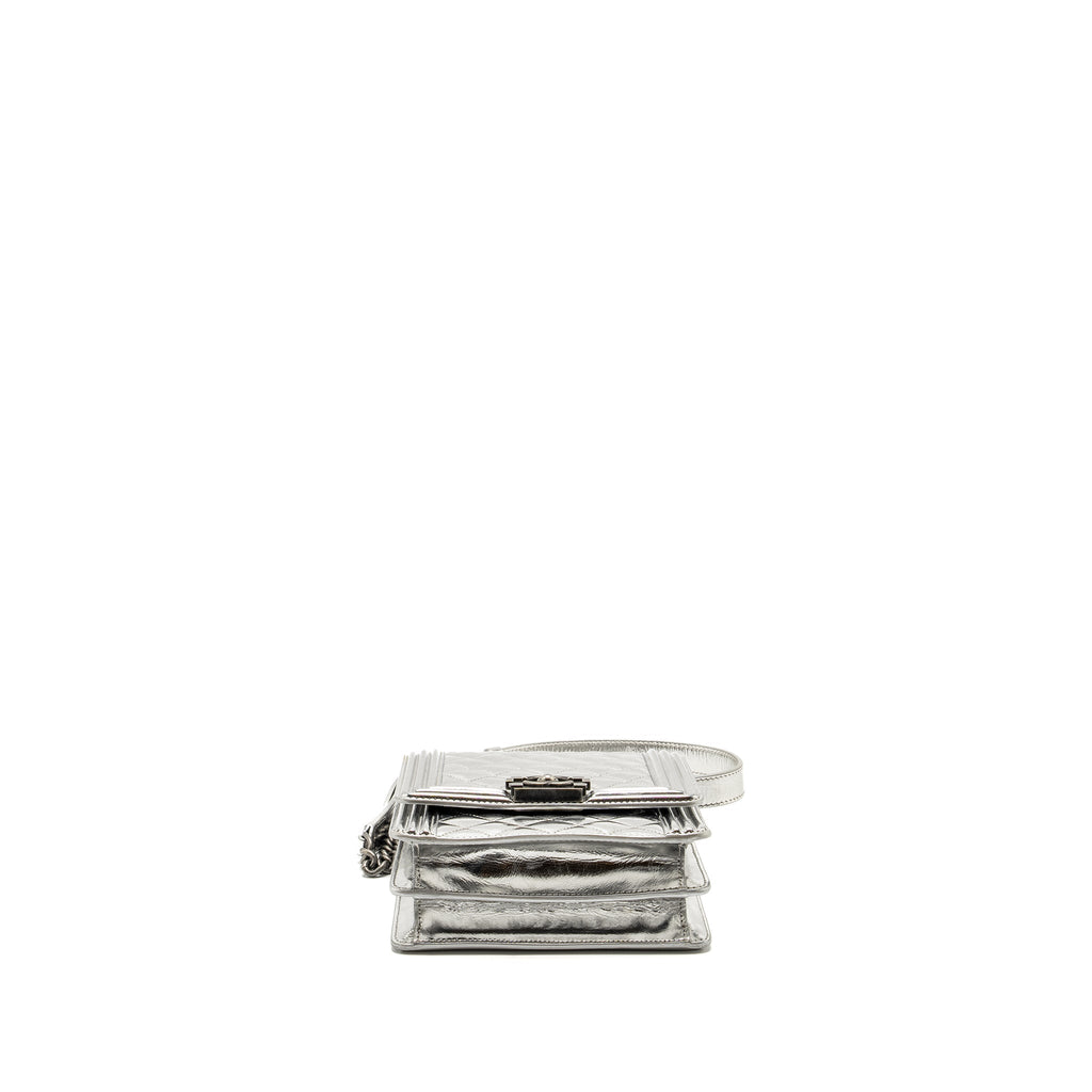 CHANEL BOY NORTH SOUTH FLAP BAG PATENT /GOATSKIN SILVER RUTHENIUM HARDWARE