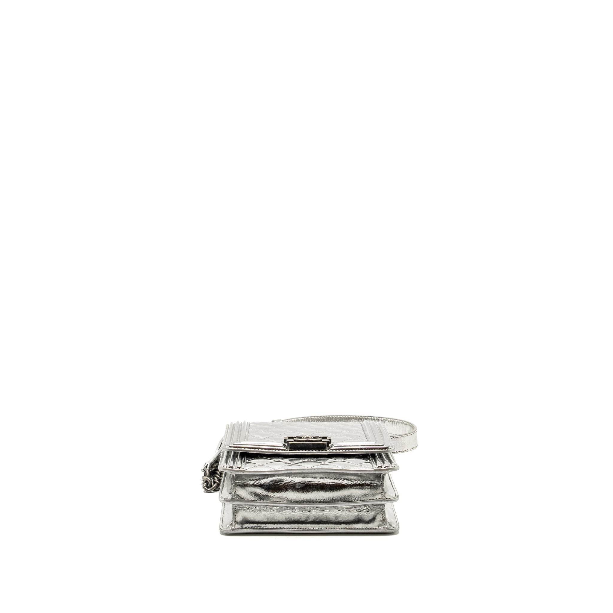 CHANEL BOY NORTH SOUTH FLAP BAG PATENT /GOATSKIN SILVER RUTHENIUM HARDWARE