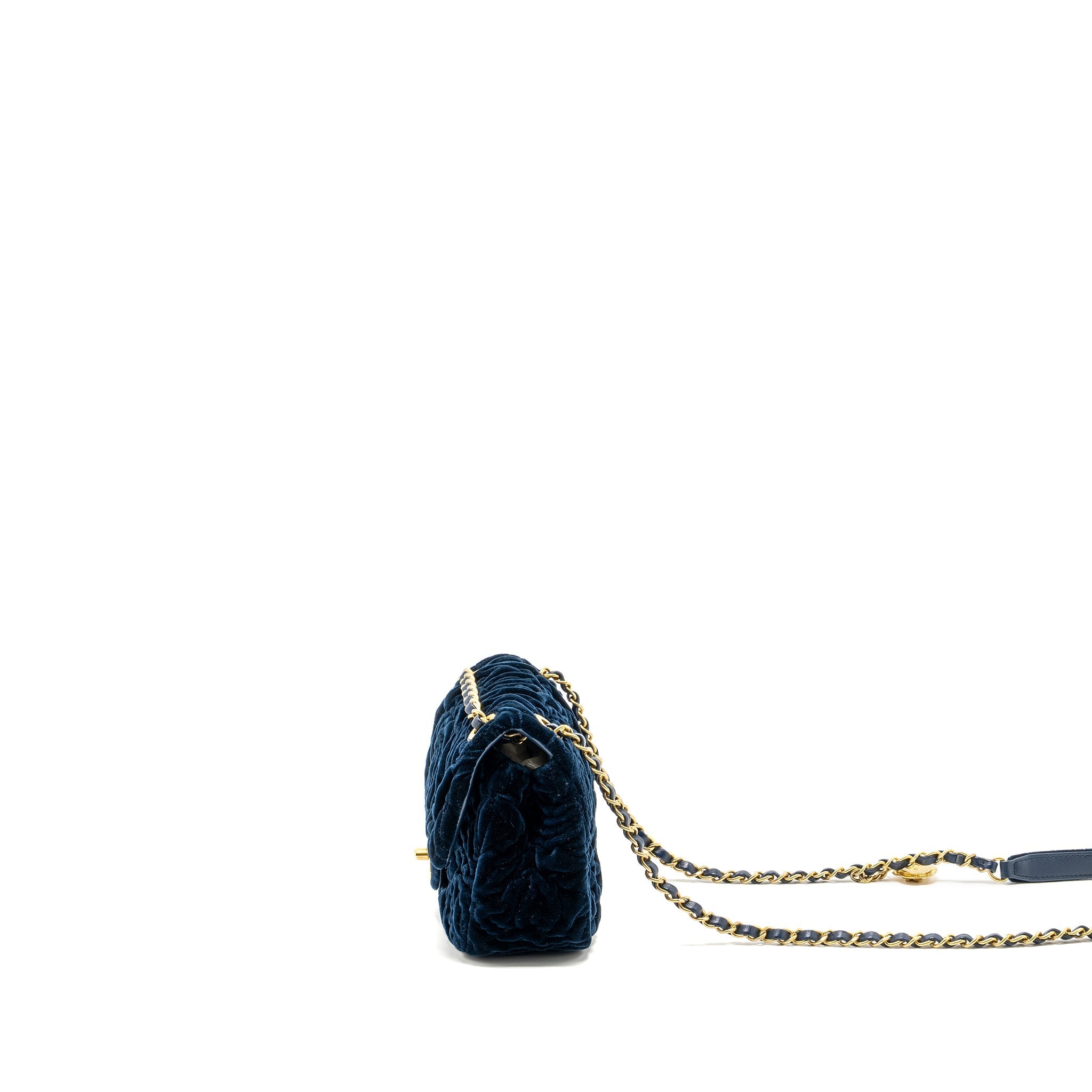 CHANEL CAMELLIA EMBOSSED MINI SQUARE FLAP BAG VELVET NAVY GHW (MICROCHIP)