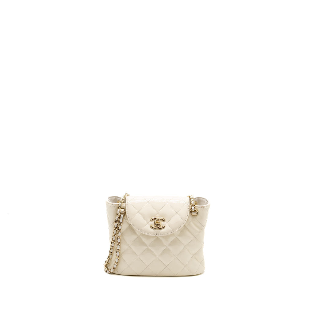 CHANEL SEASONAL SQUARE FLAP BAG WITH CHAIN PATENT WHITE LGHW (MICROCHIP)