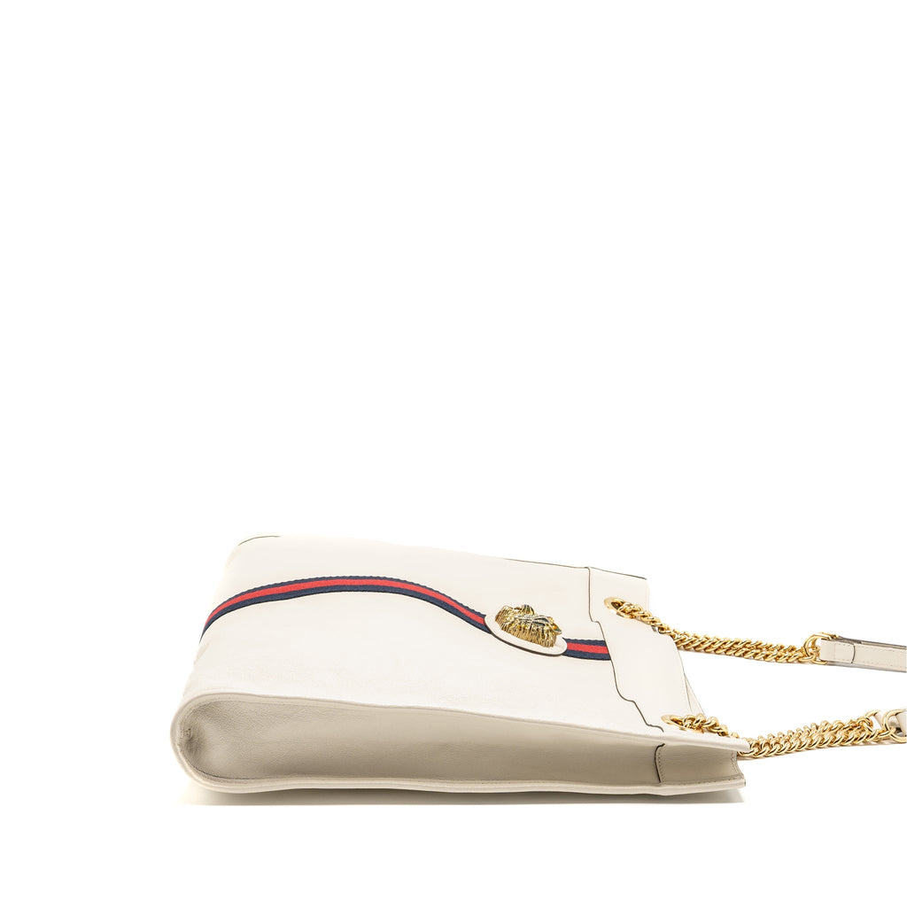 GUCCI RAJAH LARGE CHAIN TOTE BAG LEATHER WHITE GHW