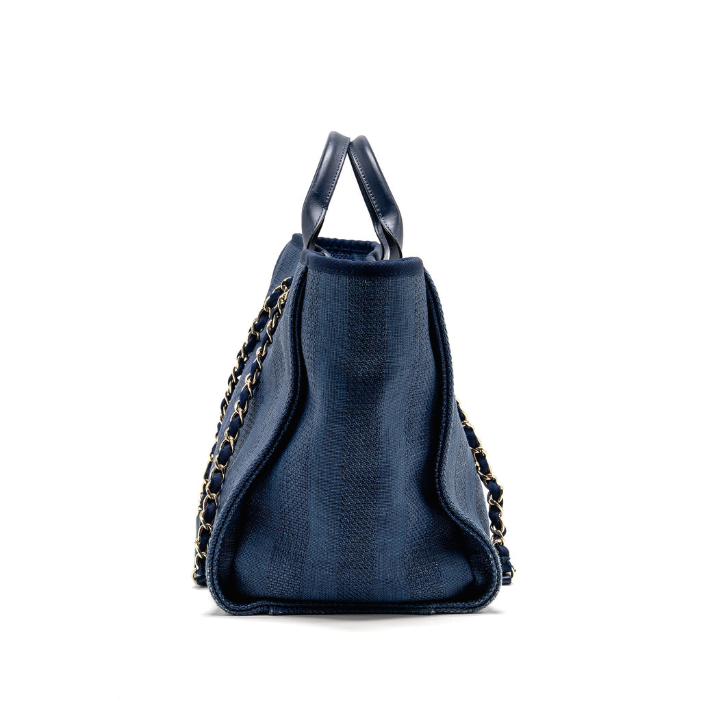 CHANEL LARGE DEAUVILLE TOTE BAG CANVAS/CALFSKIN NAVY BLUE LGHW