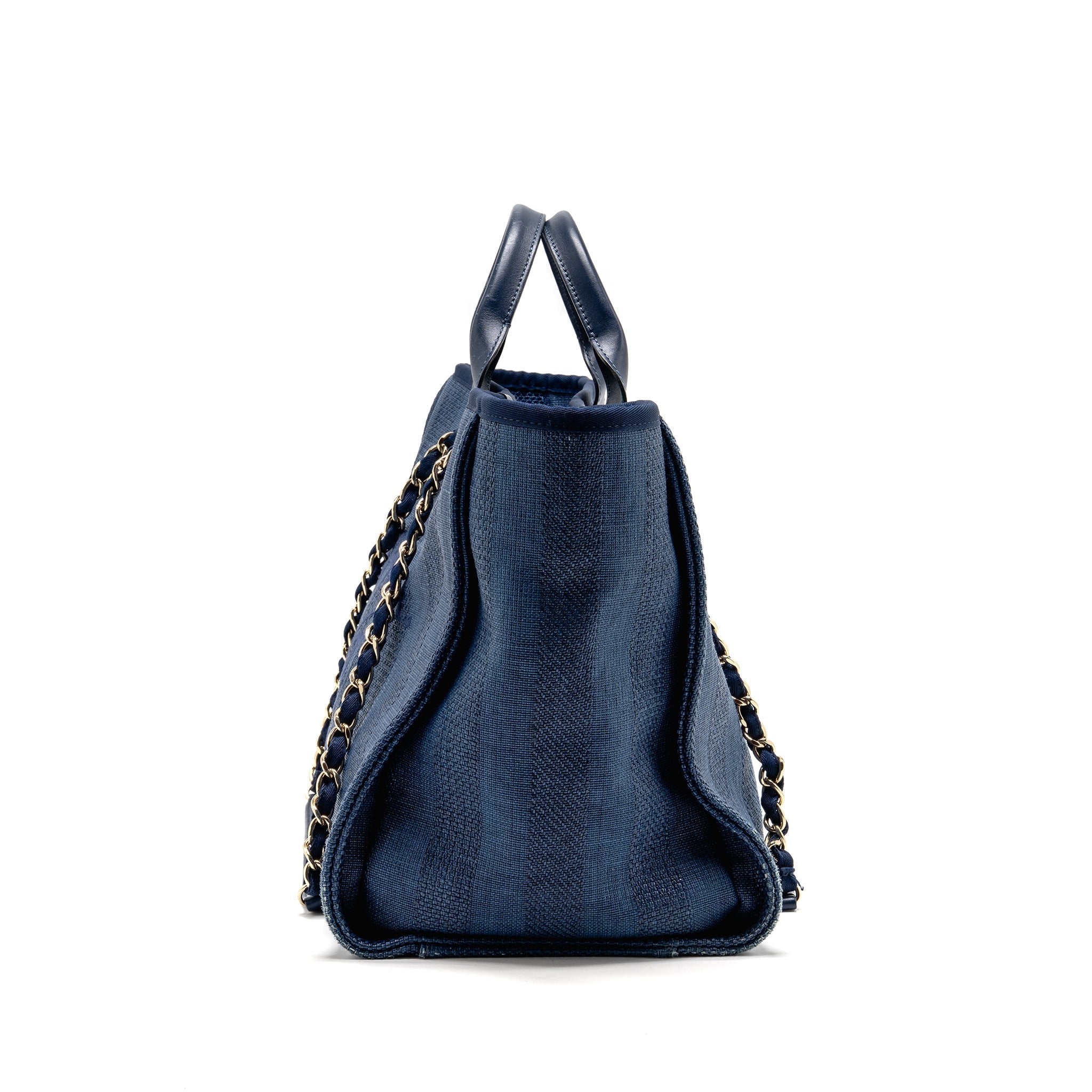 CHANEL LARGE DEAUVILLE TOTE BAG CANVAS/CALFSKIN NAVY BLUE LGHW
