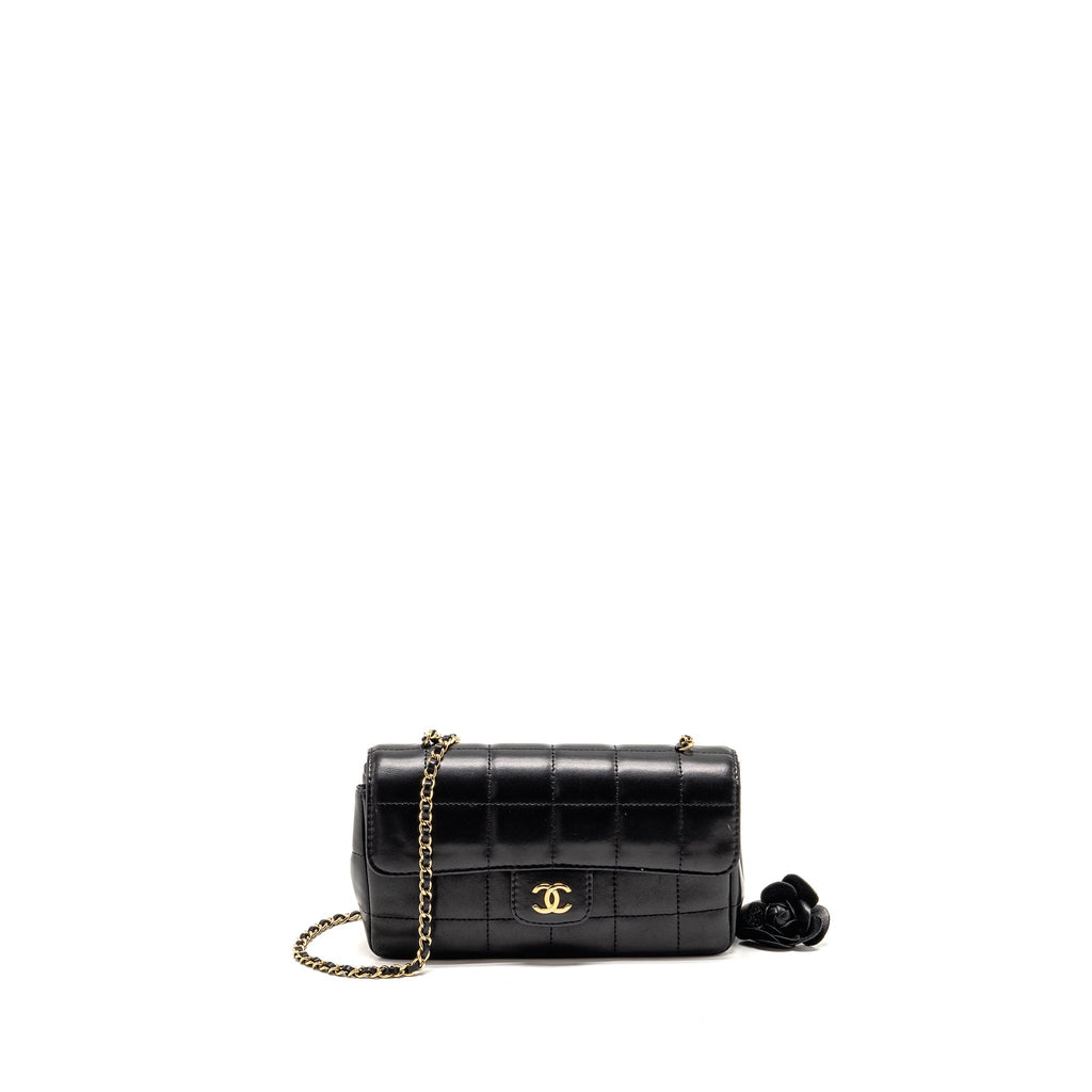 CHANEL CAMELLIA MINI FLAP SHOULDER BAG LAMBSKIN BLACK GHW