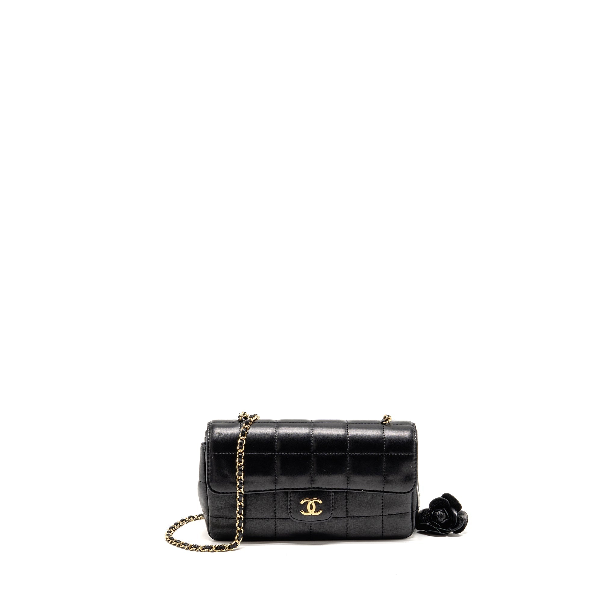 CHANEL CAMELLIA MINI FLAP SHOULDER BAG LAMBSKIN BLACK GHW