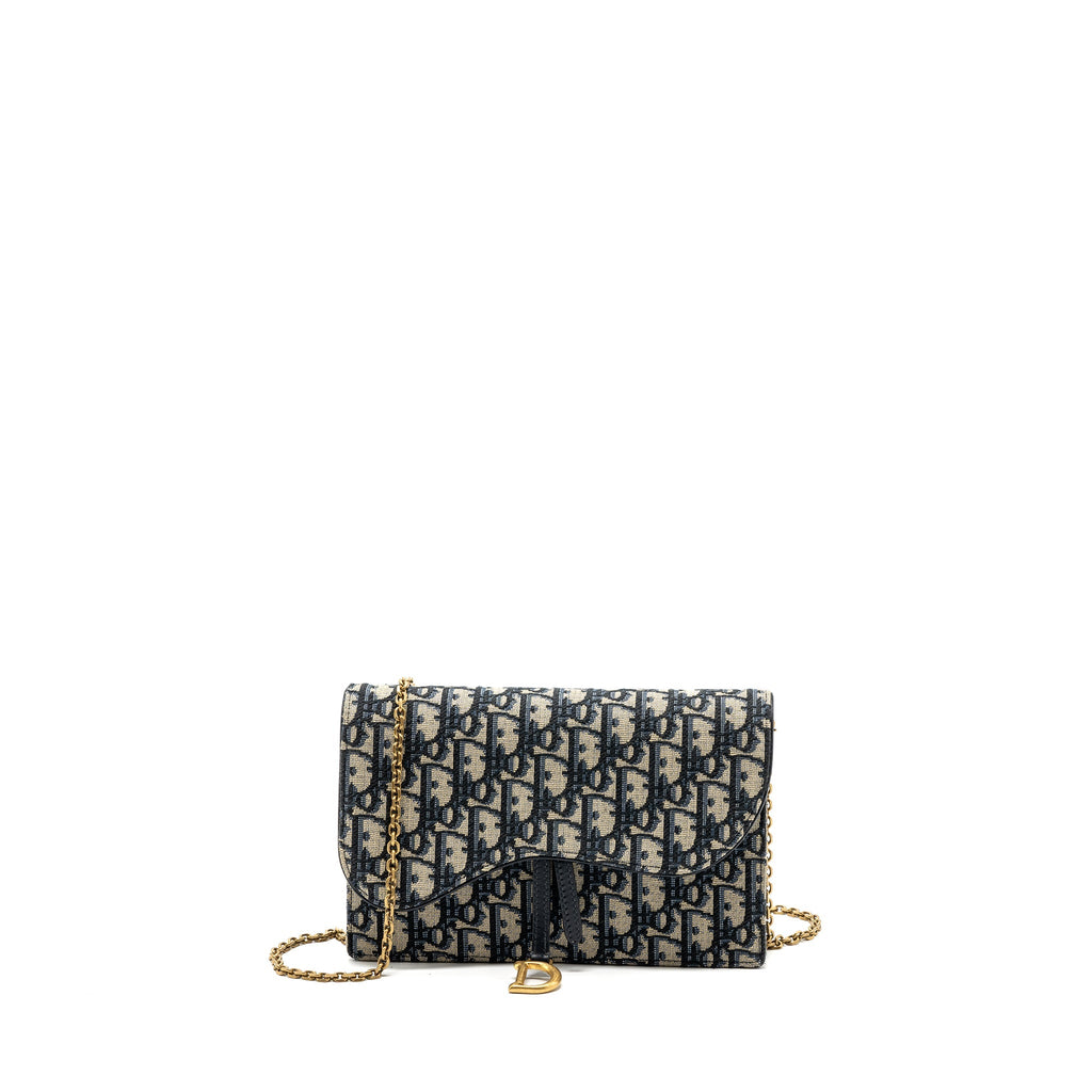 DIOR SADDLE POUCH WITH CHAIN DIOR OBLIQUE JACQUARD BLUE GHW