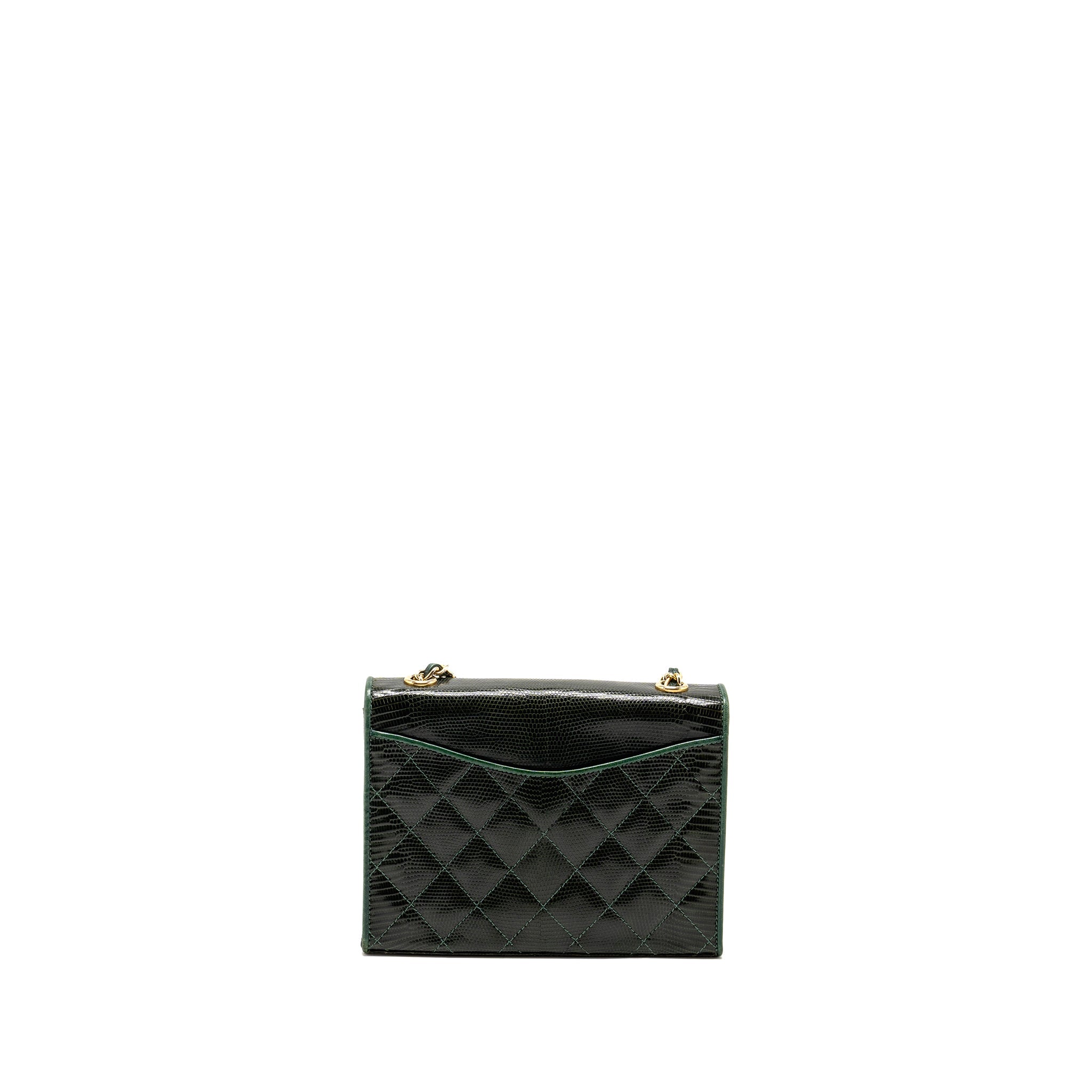CHANEL VINTAGE ENVELOP FLAP BAG WITH CHAIN LIZARD DARK GREEN GHW