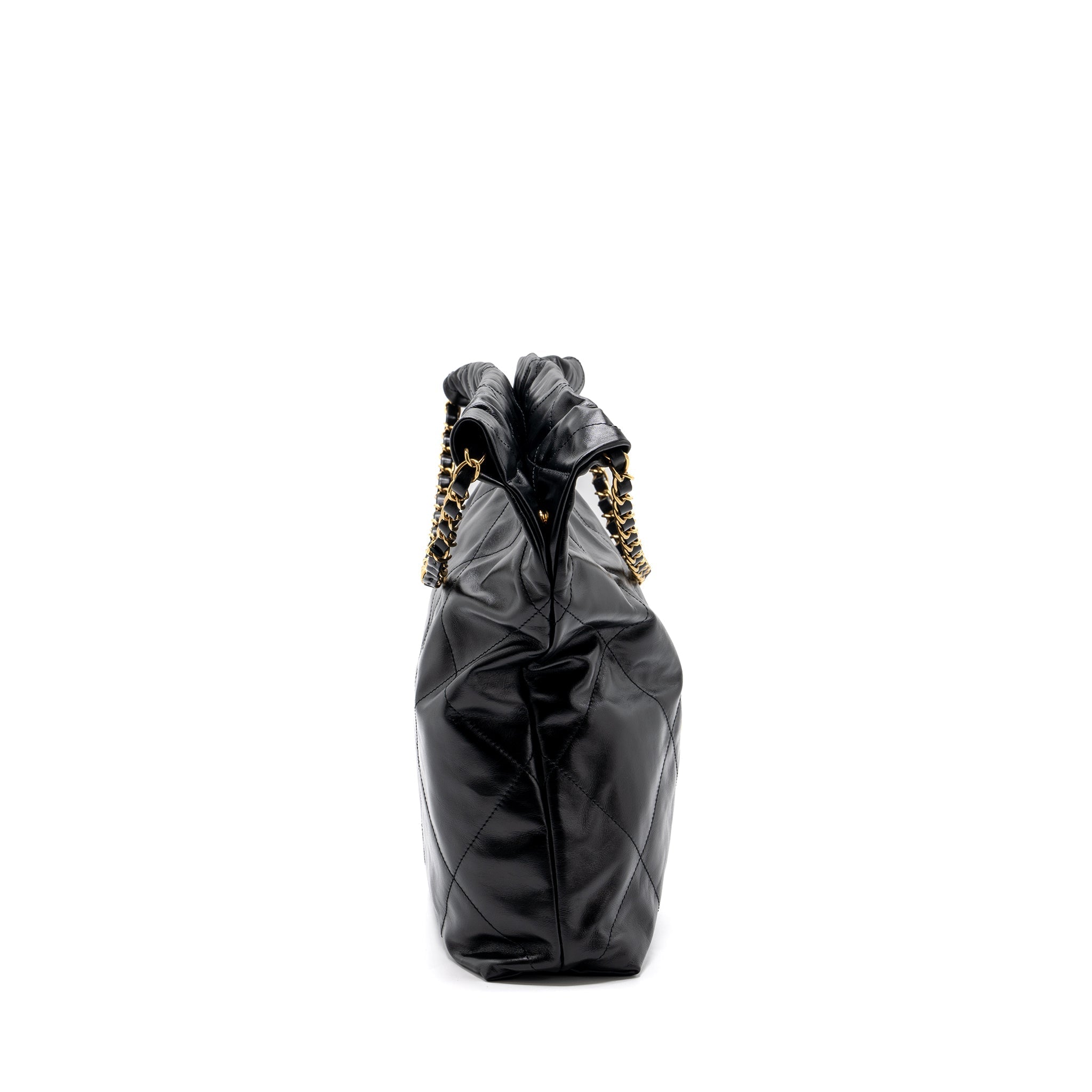 CHANEL MEDIUM 22 BAG GOLD LETTER SHINY CALFSKIN BLACK GHW(MICROCHIP)