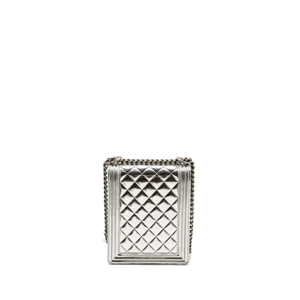 CHANEL BOY NORTH SOUTH FLAP BAG PATENT /GOATSKIN SILVER RUTHENIUM HARDWARE