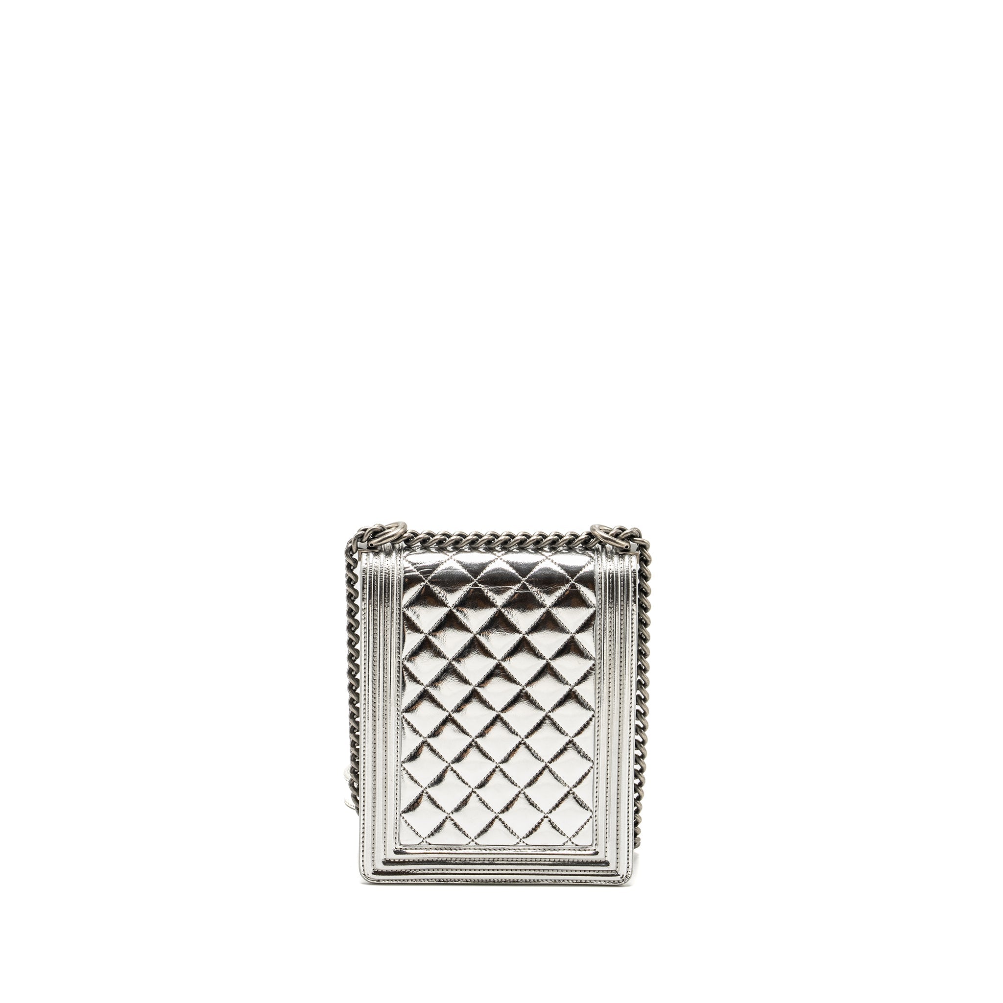 CHANEL BOY NORTH SOUTH FLAP BAG PATENT /GOATSKIN SILVER RUTHENIUM HARDWARE
