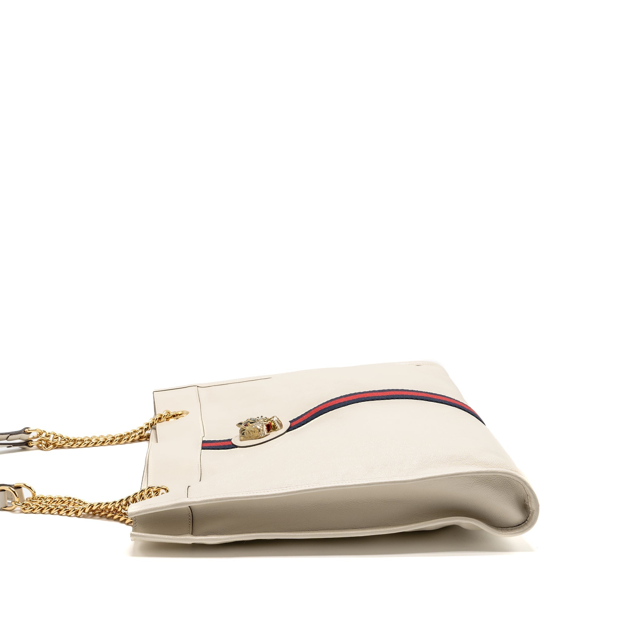 GUCCI RAJAH LARGE CHAIN TOTE BAG LEATHER WHITE GHW
