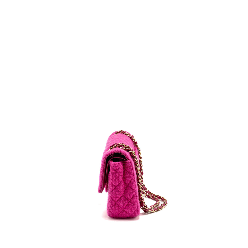 CHANEL MEDIUM CLASSIC DOUBLE FLAP BAG TWEED PINK LGHW (MICROCHIP)