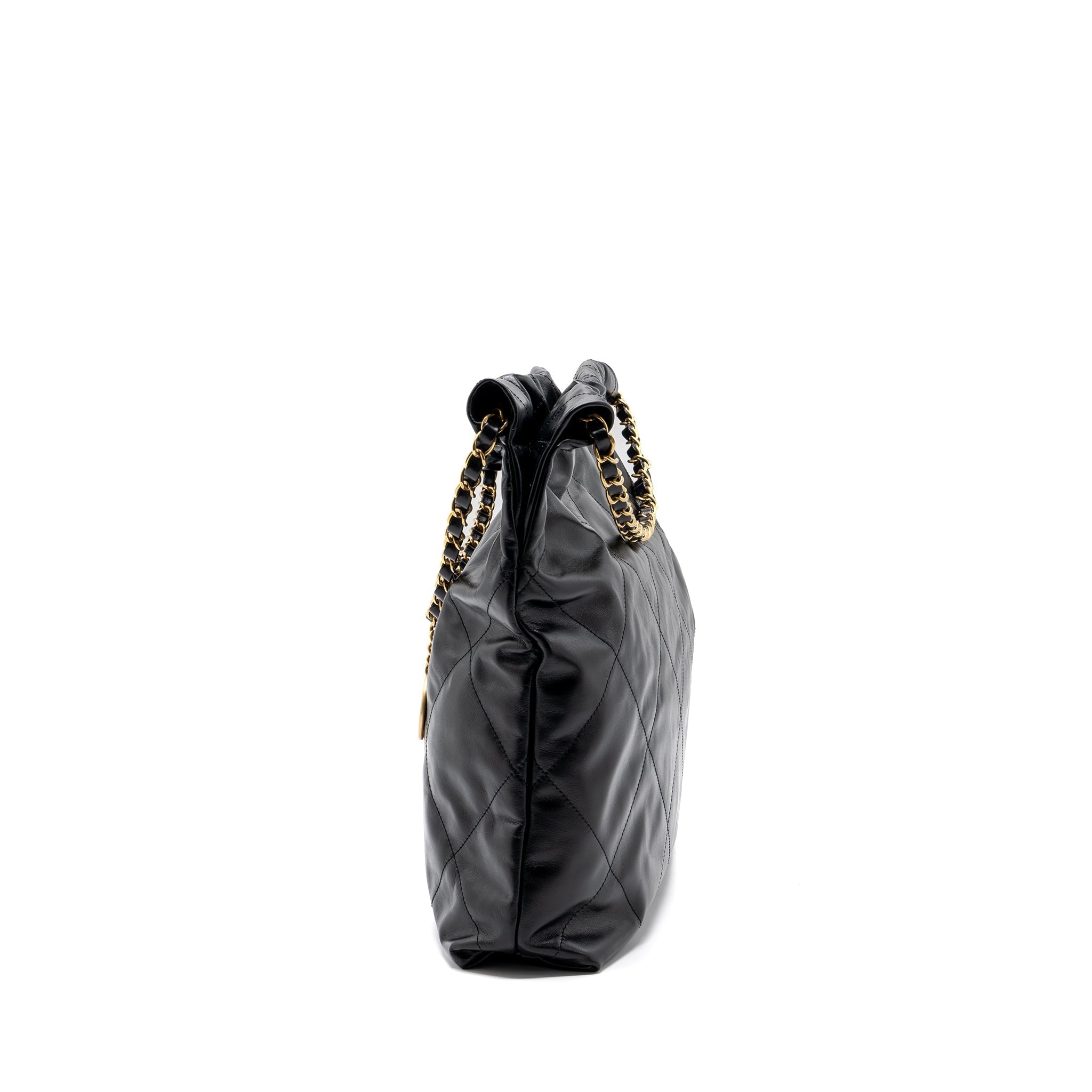 CHANEL MEDIUM 22 BAG GOLD LETTER SHINY CALFSKIN BLACK GHW(MICROCHIP)