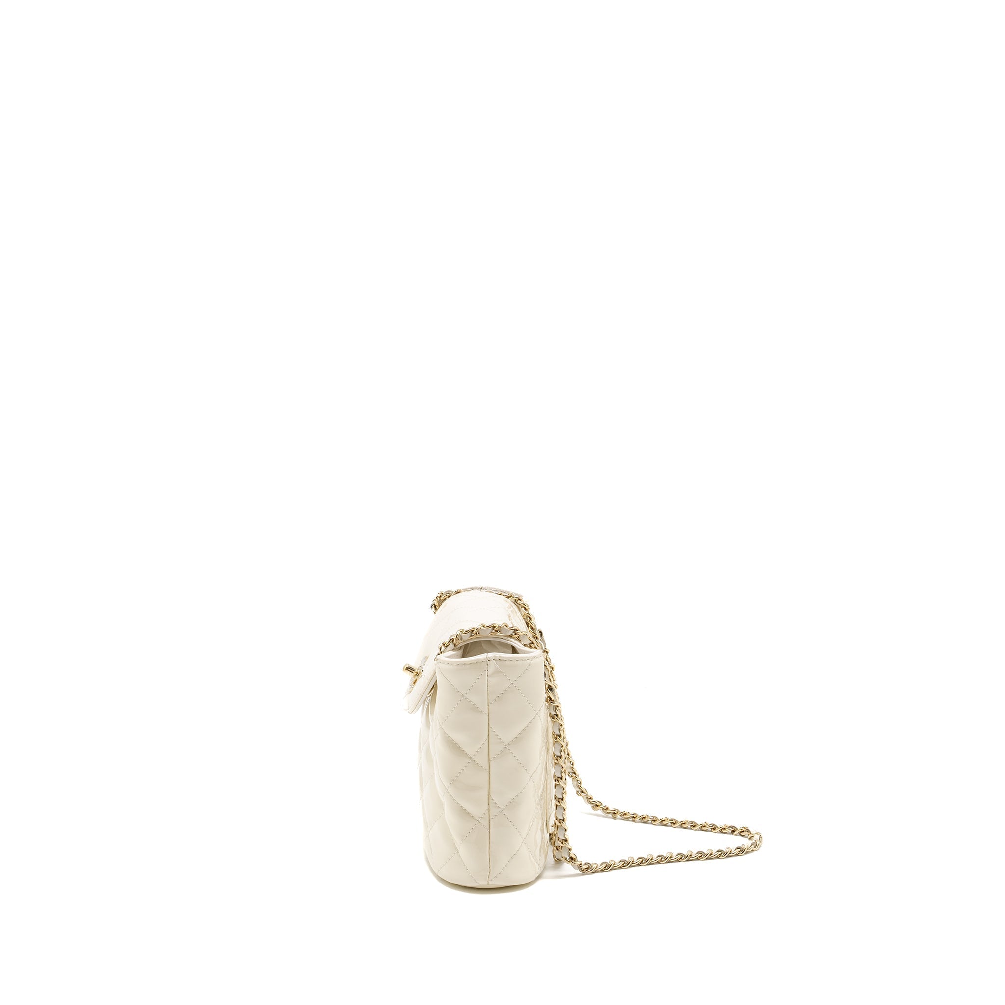 CHANEL SEASONAL SQUARE FLAP BAG WITH CHAIN PATENT WHITE LGHW (MICROCHIP)