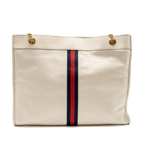GUCCI RAJAH LARGE CHAIN TOTE BAG LEATHER WHITE GHW
