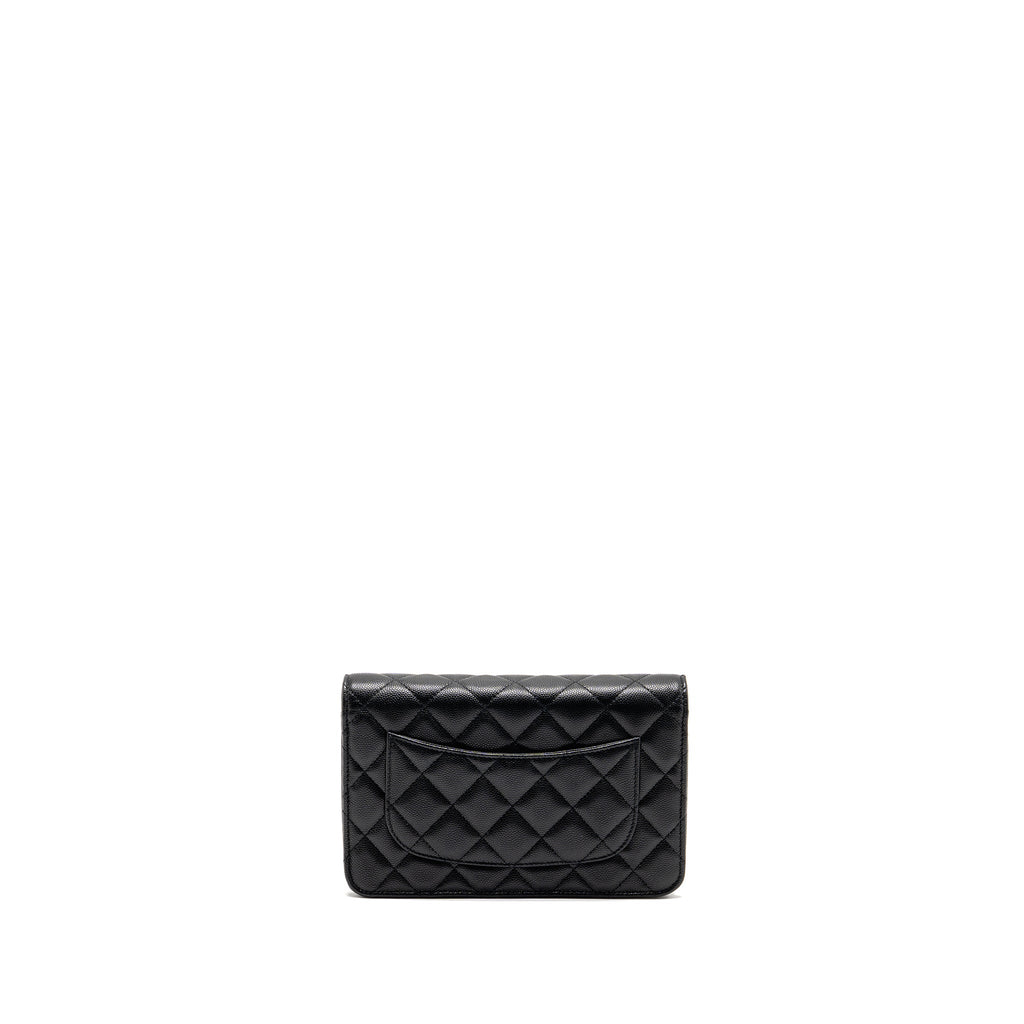 CHANEL CC LOGO QUILTED WALLET ON CHAIN CAVIAR BLACK LGHW (MICROCHIP)