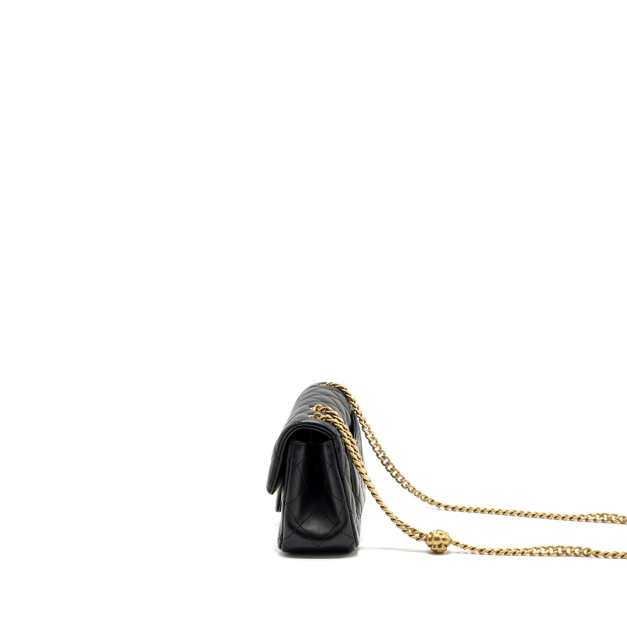 CHANEL 23S CAMELLIA ADJUSTABLE CHAIN MINI RECTANGULAR FLAP BAG LAMBSKIN BLACK GHW (MICROCHIP)