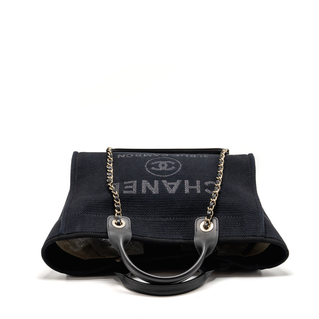 CHANEL DEAUVILLE TOTE BAG CANVAS/CALFSKIN BLACK LGHW (MICROCHIP)
