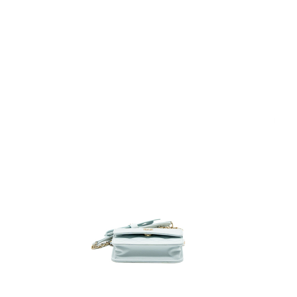 CHANEL MINI FLAP BAG RIBBON CHAINS LAMBSKIN LIGHT BLUE LGHW