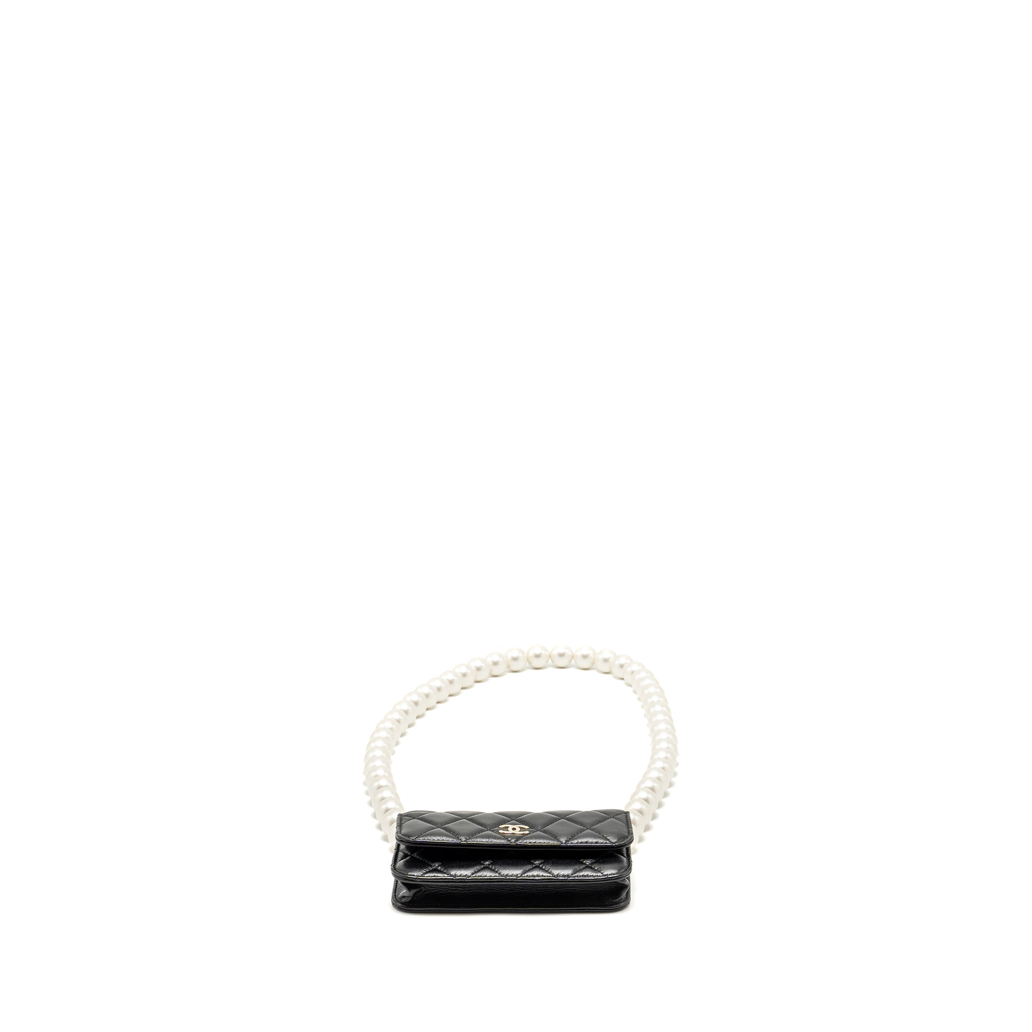 CHANEL CC LOGO CLUTCH WITH GIANT PEARL CHAIN LAMBSKIN BLACK LGHW