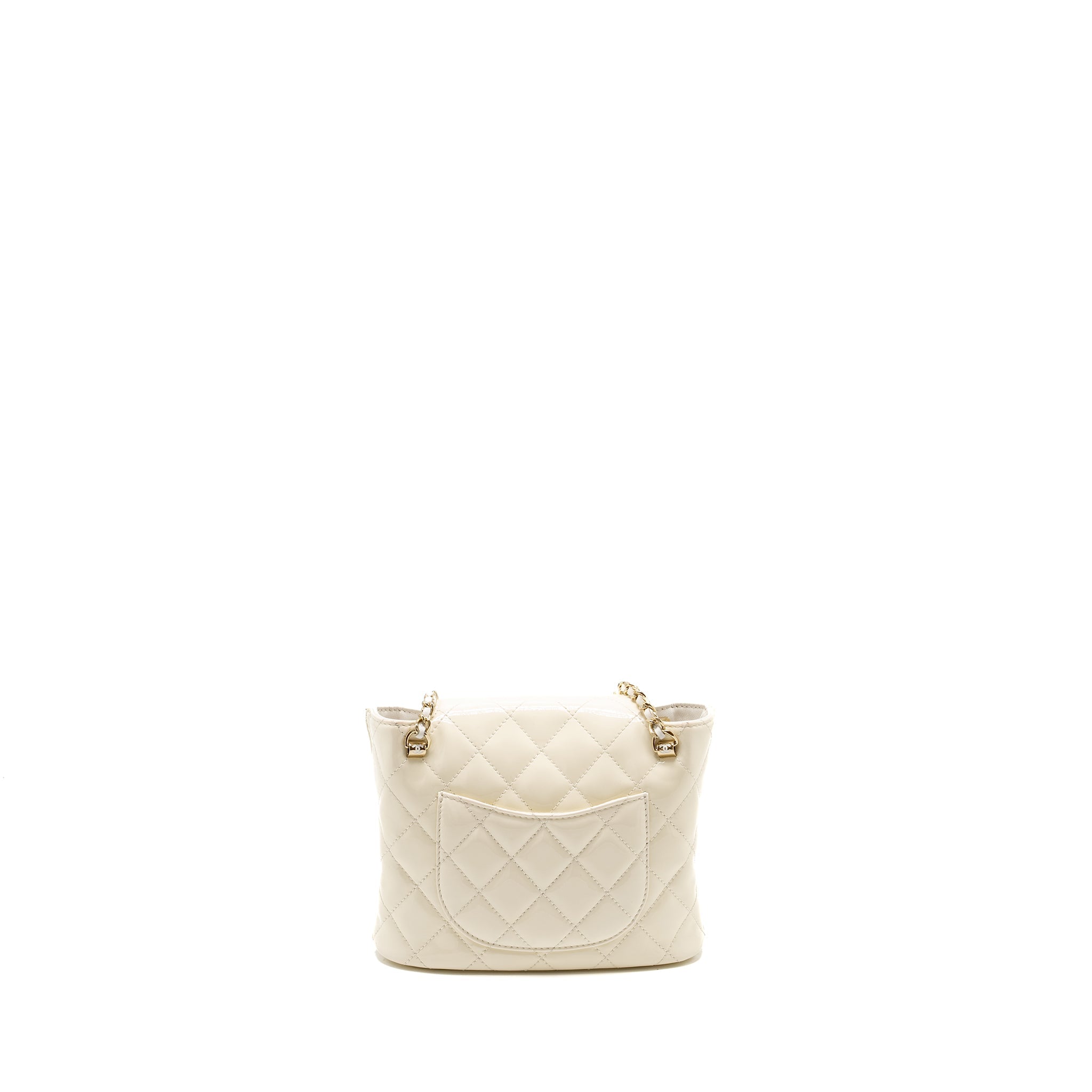 CHANEL SEASONAL SQUARE FLAP BAG WITH CHAIN PATENT WHITE LGHW (MICROCHIP)