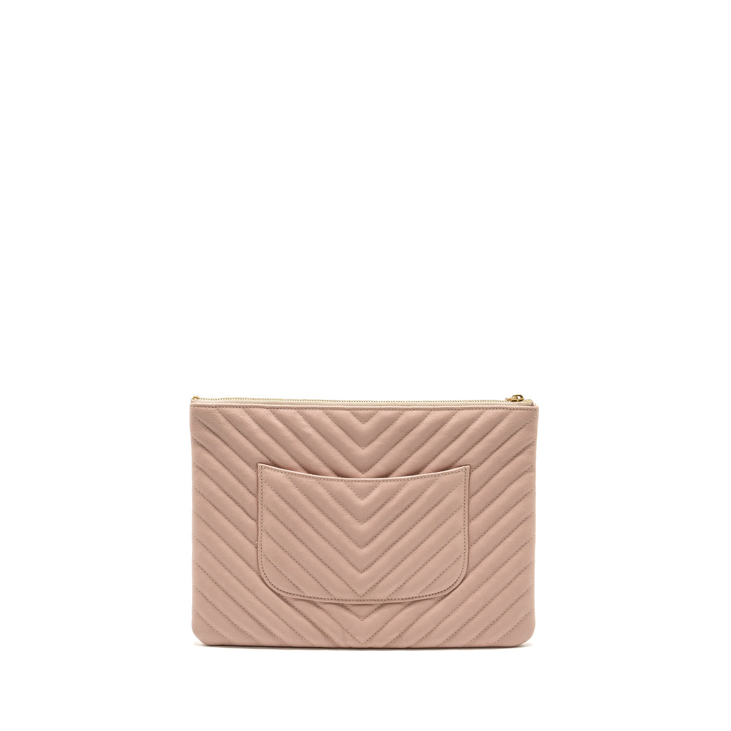 CHANEL CHEVRON ZIP CLUTCH CALFSKIN LIGHT PINK GHW