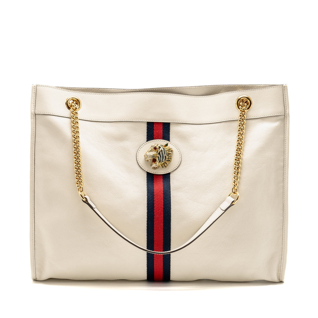 GUCCI RAJAH LARGE CHAIN TOTE BAG LEATHER WHITE GHW
